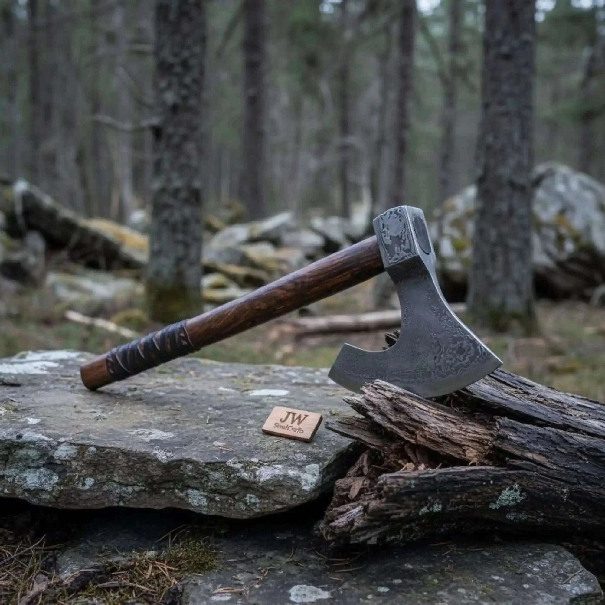 Palmarius Outdoors Handmade Damascus Steel Bearded Viking Axe with Hardwood Handle – Custom Forged Norse Camp Axe | JW SteelCrafts Handmade Axe