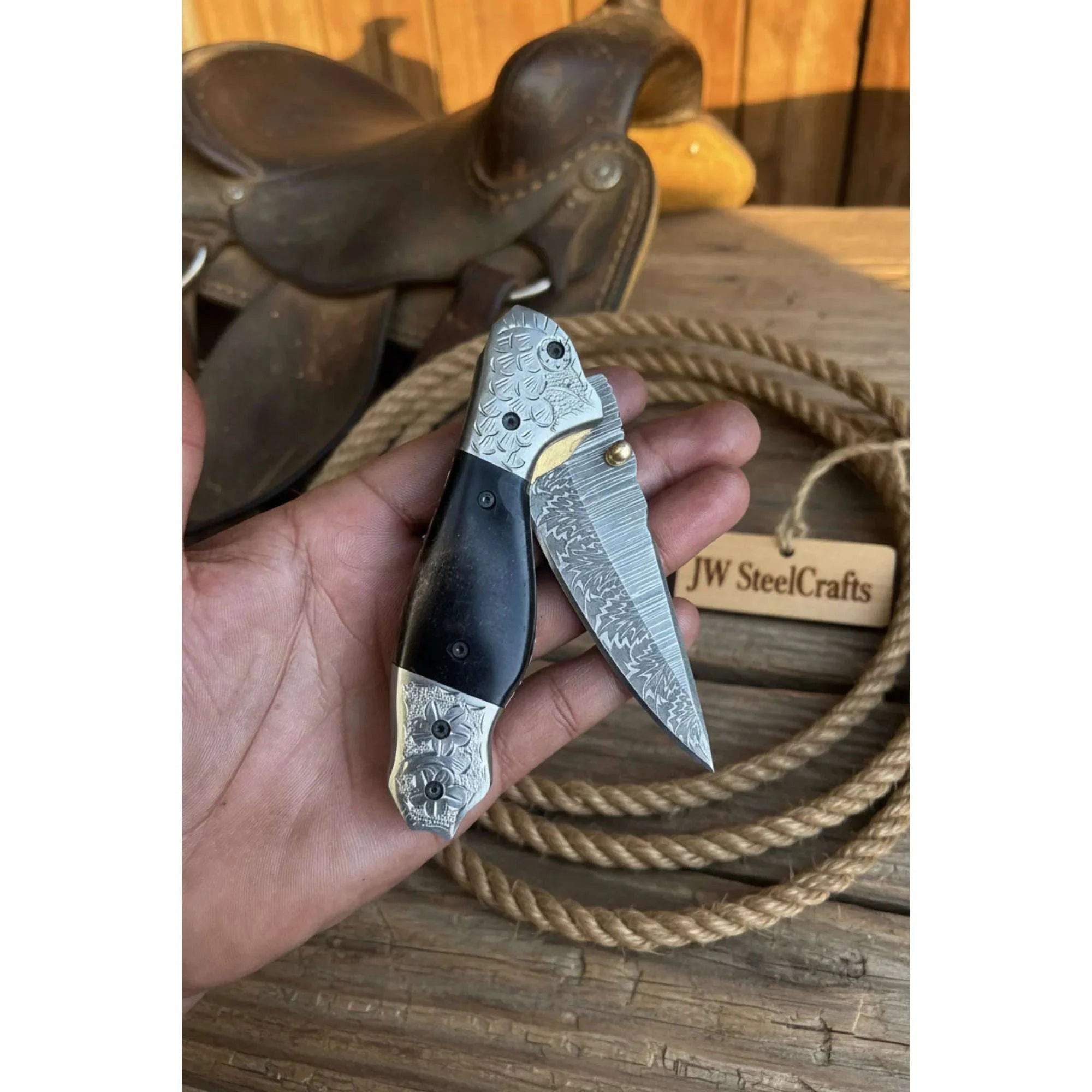 Palmarius Outdoors Blackwaist Damascus Folder Knife 7" Handmade Micarta Handle Liner Lock Folding Knife