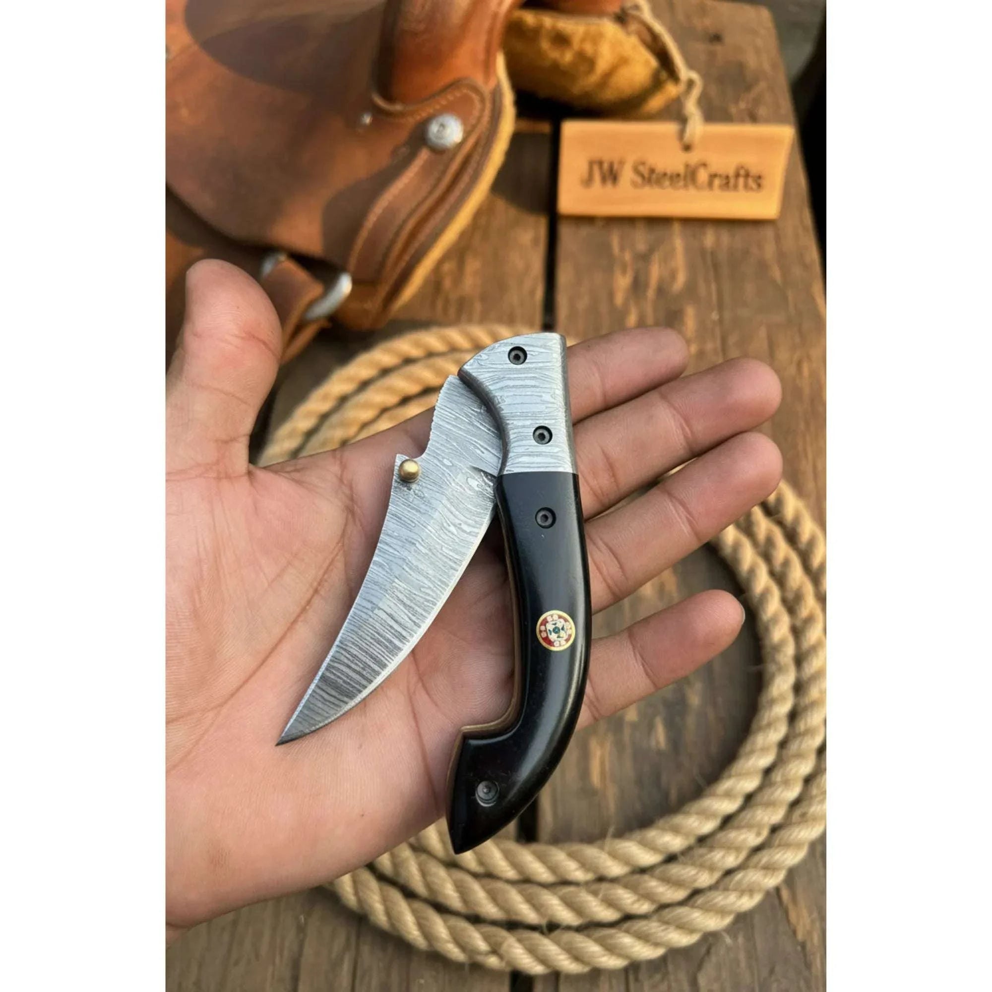 Palmarius Outdoors Blackhawk Skinner Folder Knife 8" Handmade Damascus Buffalo Horn Handle Folding Knife