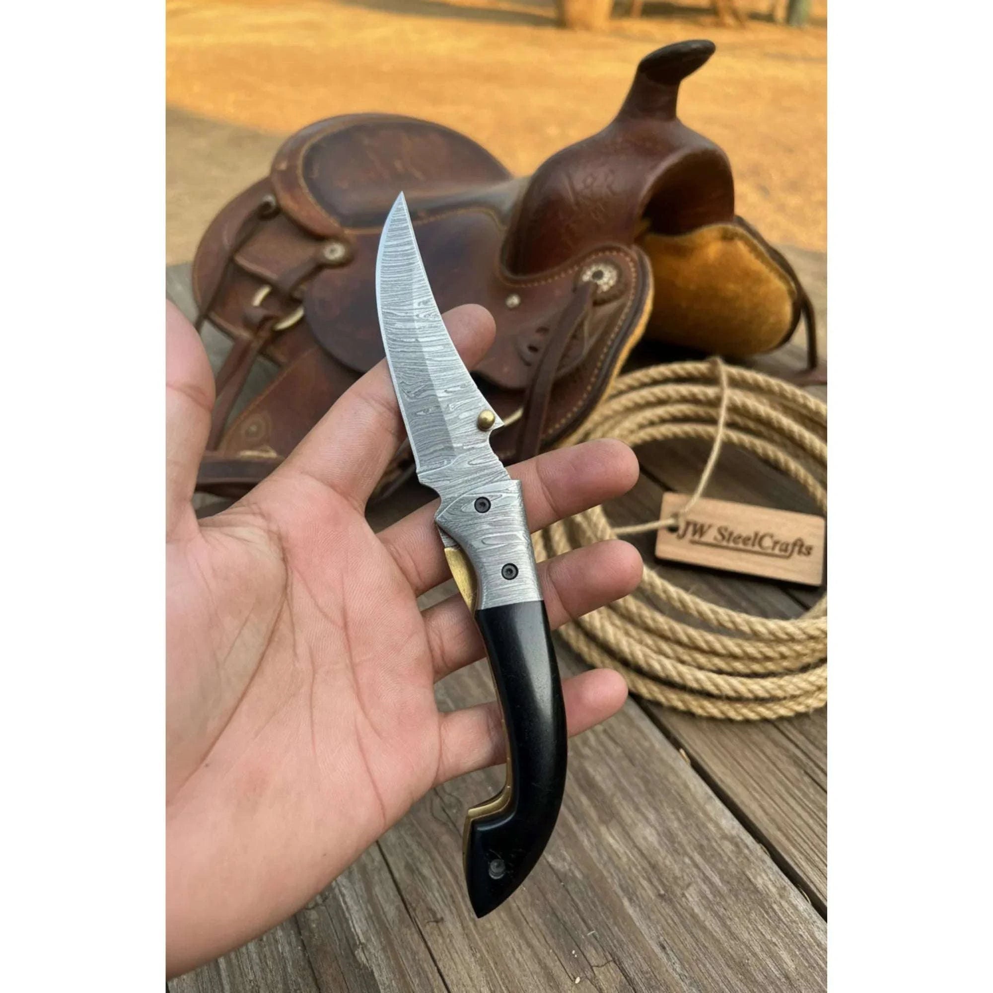 Palmarius Outdoors Blackhawk Skinner Folder Knife 8" Handmade Damascus Buffalo Horn Handle Folding Knife