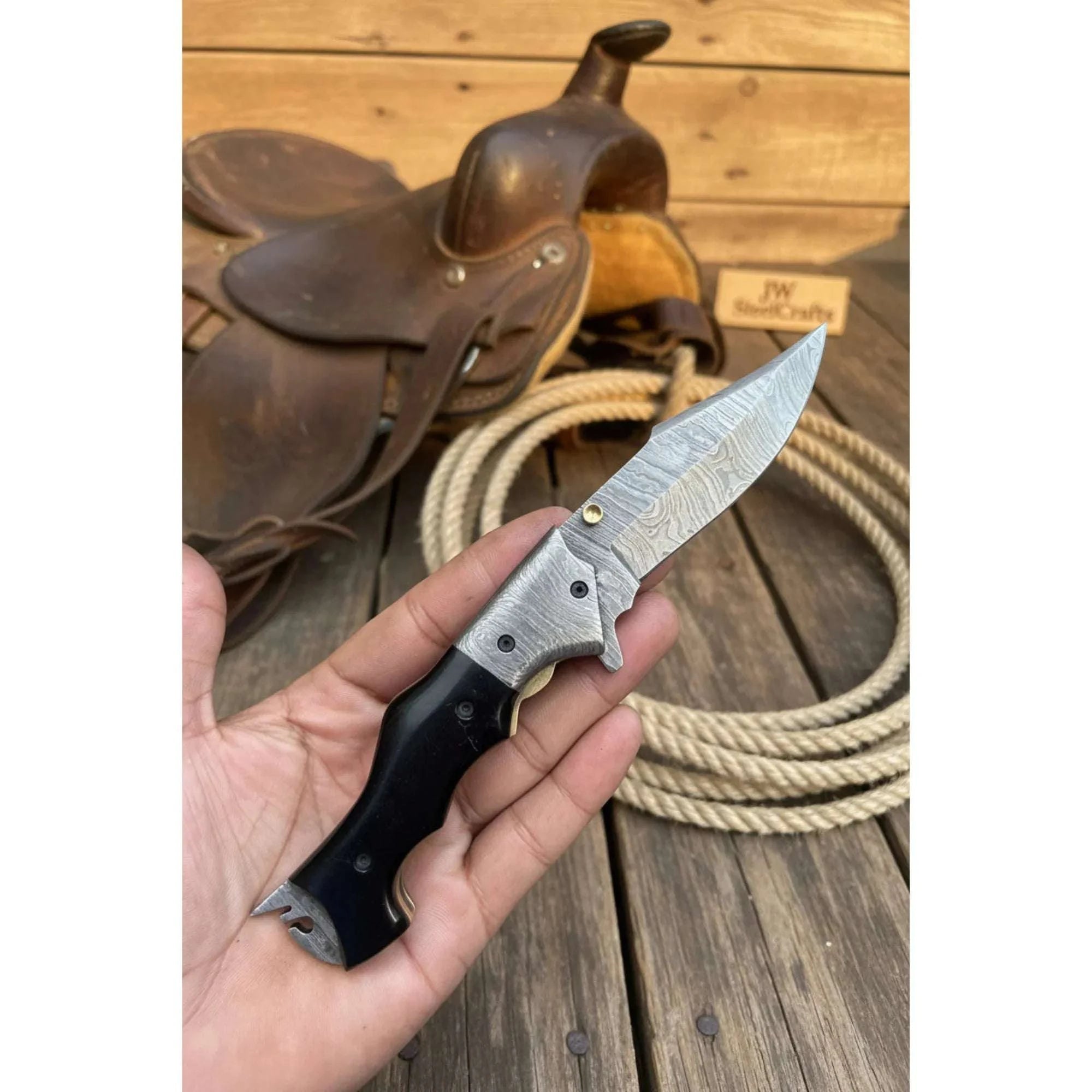 Palmarius Outdoors Blacktanto Ridge Folder Knife 8" Handmade Damascus Micarta Handle Folding Knife