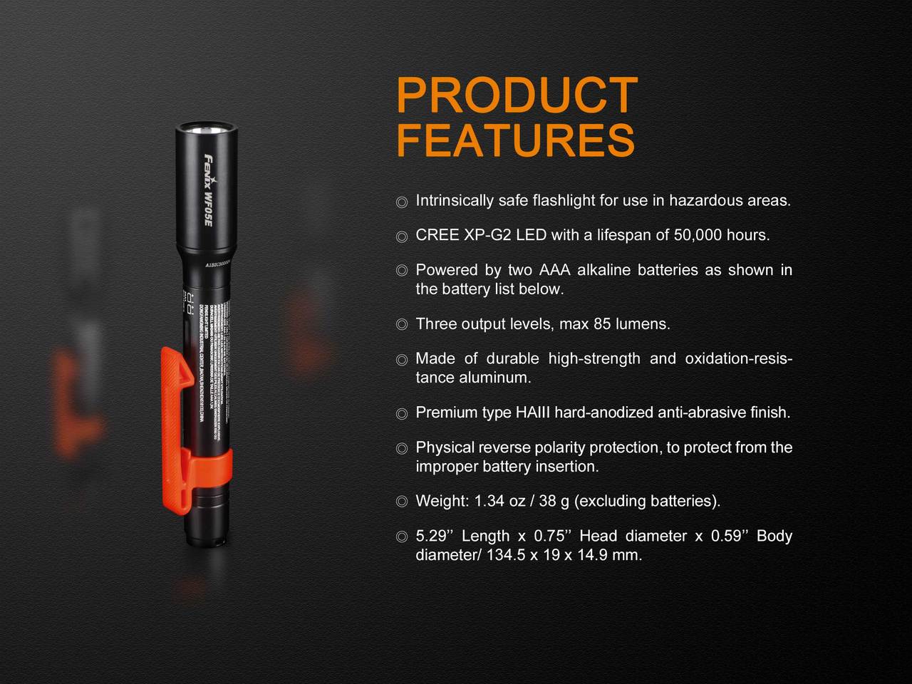 Palmarius Outdoors Fenix WF05E Intrinsically Safe Flashlight Work Flashlight