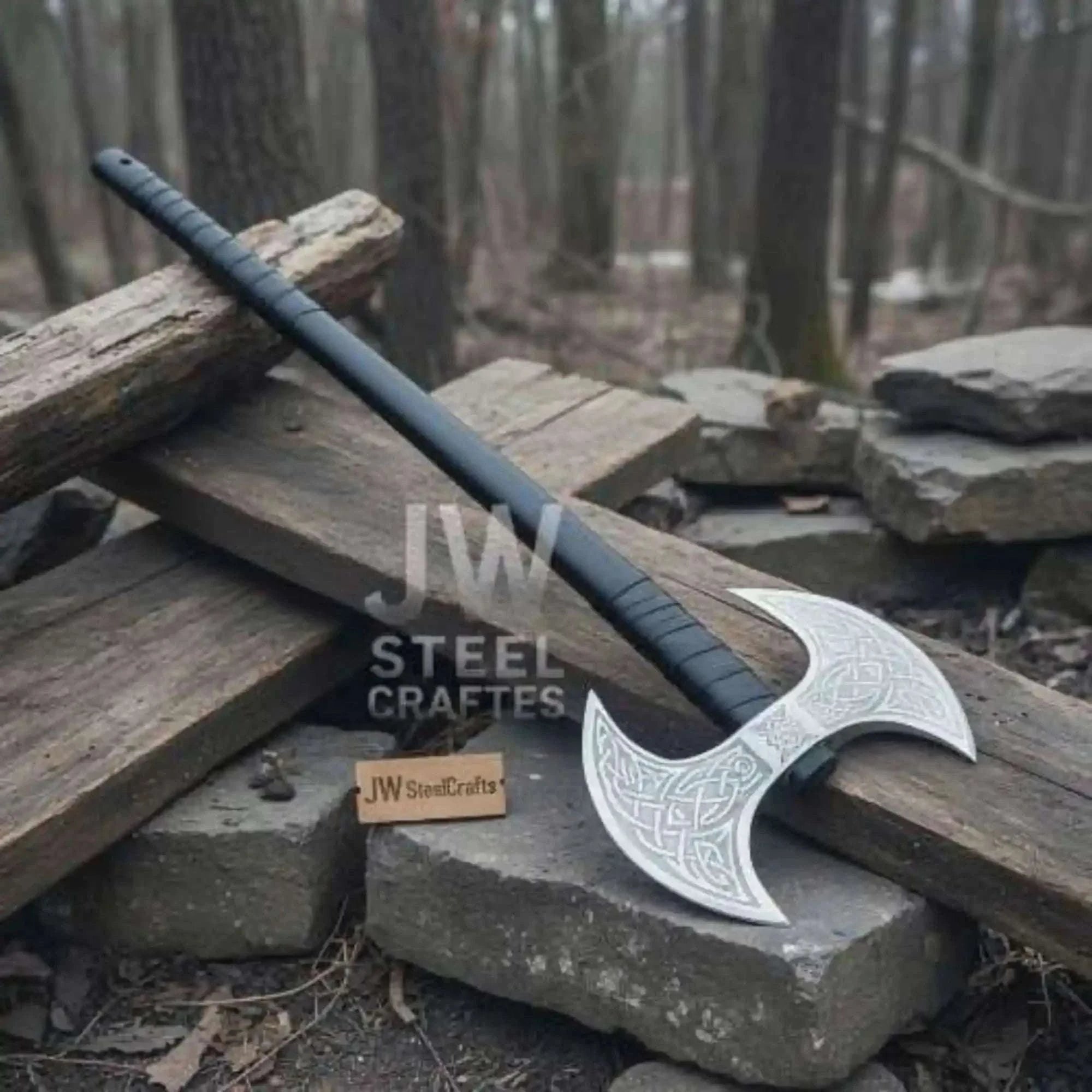 Palmarius Outdoors Custom Handmade Double-Headed Viking Axe with Nordic Knotwork Engravings and Cord-Wrapped Handle Handmade Axe