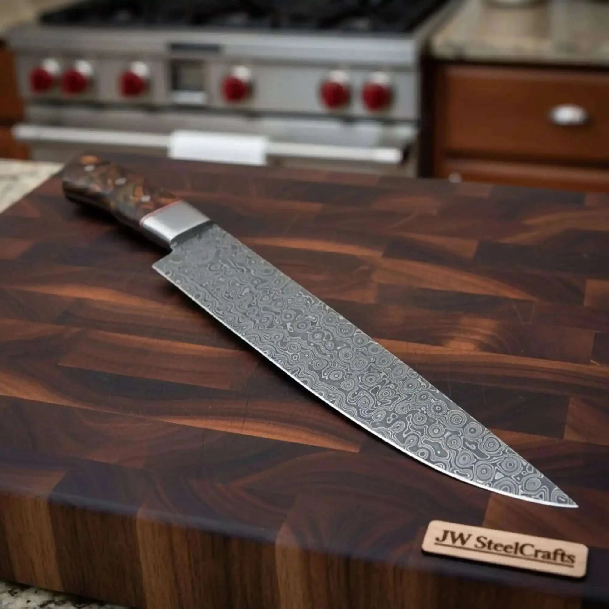 Palmarius Outdoors 9 Inch Raindrop Damascus Chef Knife — Full Tang Forged Blade with Stabilized Wood Handle & Steel Bolster Damascus Steel Chef Knives