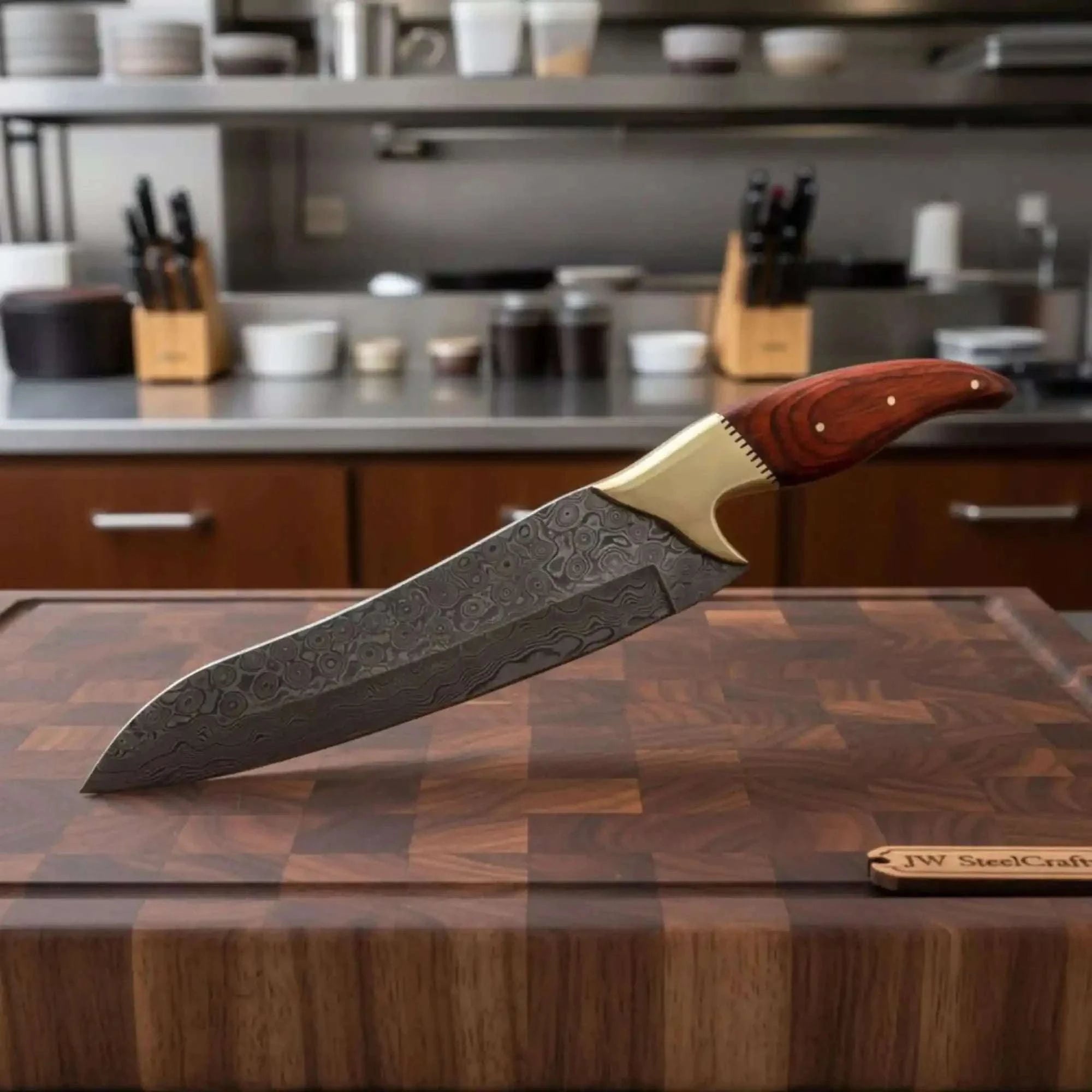 Palmarius Outdoors 13" Overall Damascus Gyuto Chef Knife – Red Pakka Wood Handle and Brass Bolster Damascus Steel Chef Knives