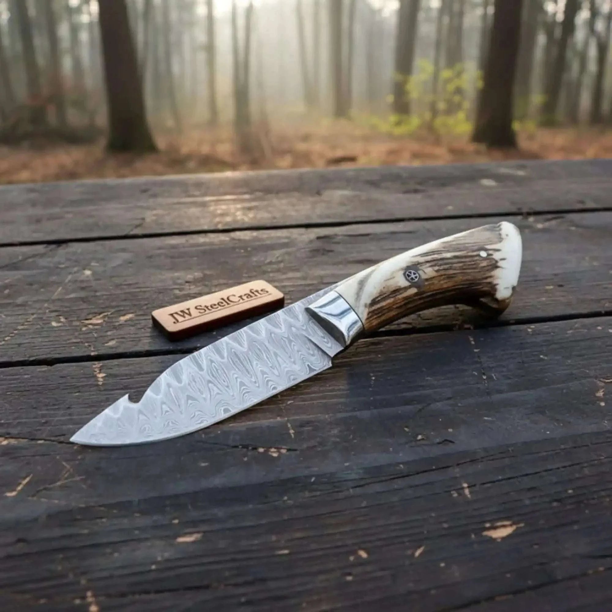 Palmarius Outdoors Handmade Damascus Gut Hook Skinner Knife With Deer Horn Handle Handmade Gut Hook Knives