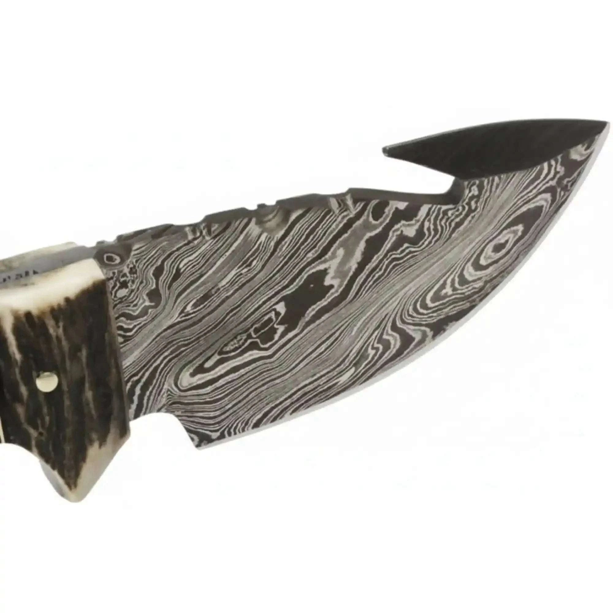 Palmarius Outdoors Damascus Steel Skinner Knife w/ Stag Handle and Gut Hook Fixed Blade Knife Handmade Gut Hook Knives