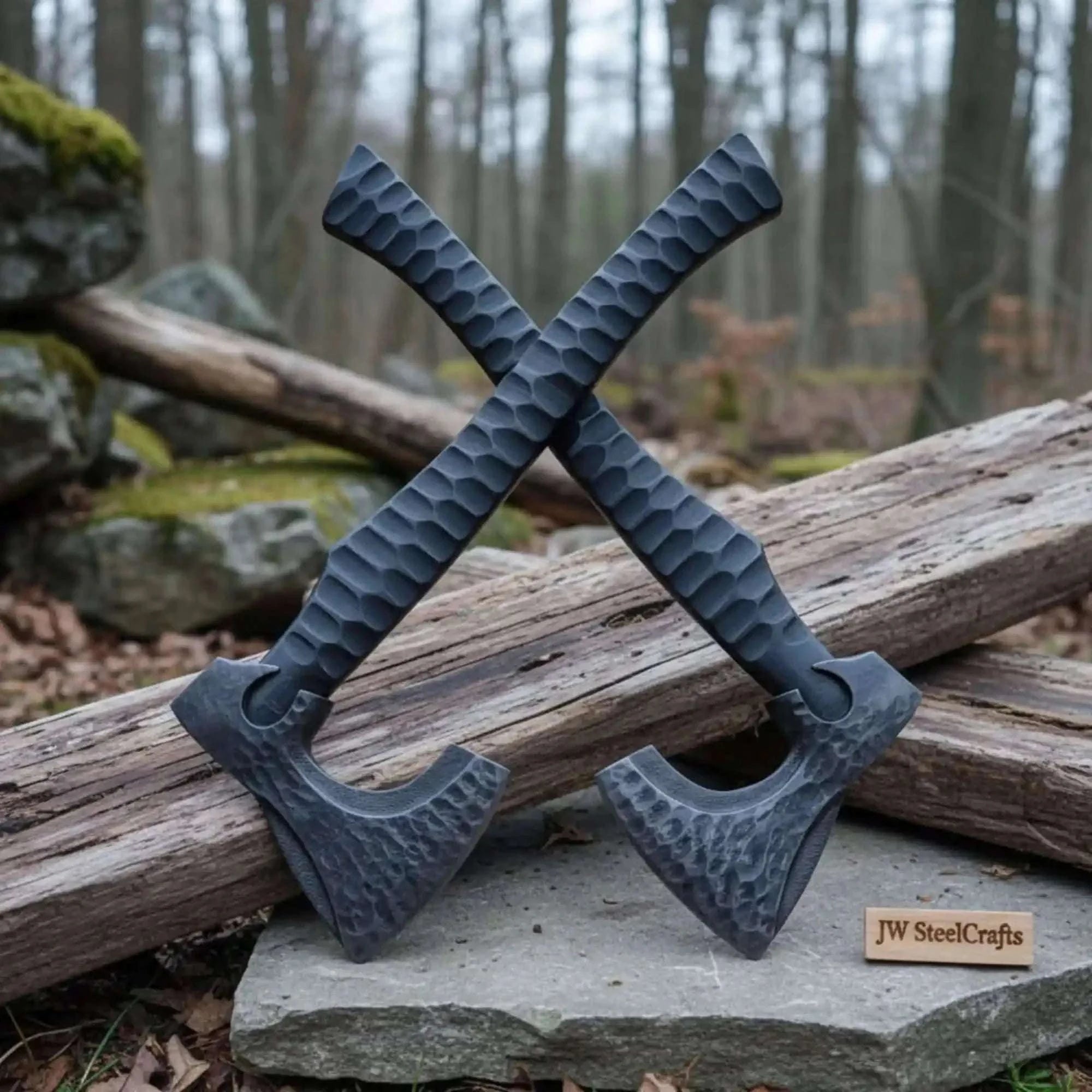 Palmarius Outdoors Forged Tool Axe Duo – Textured Steel Heads with Sculpted Hardwood Handles and Leather Sheaths Handmade Axe