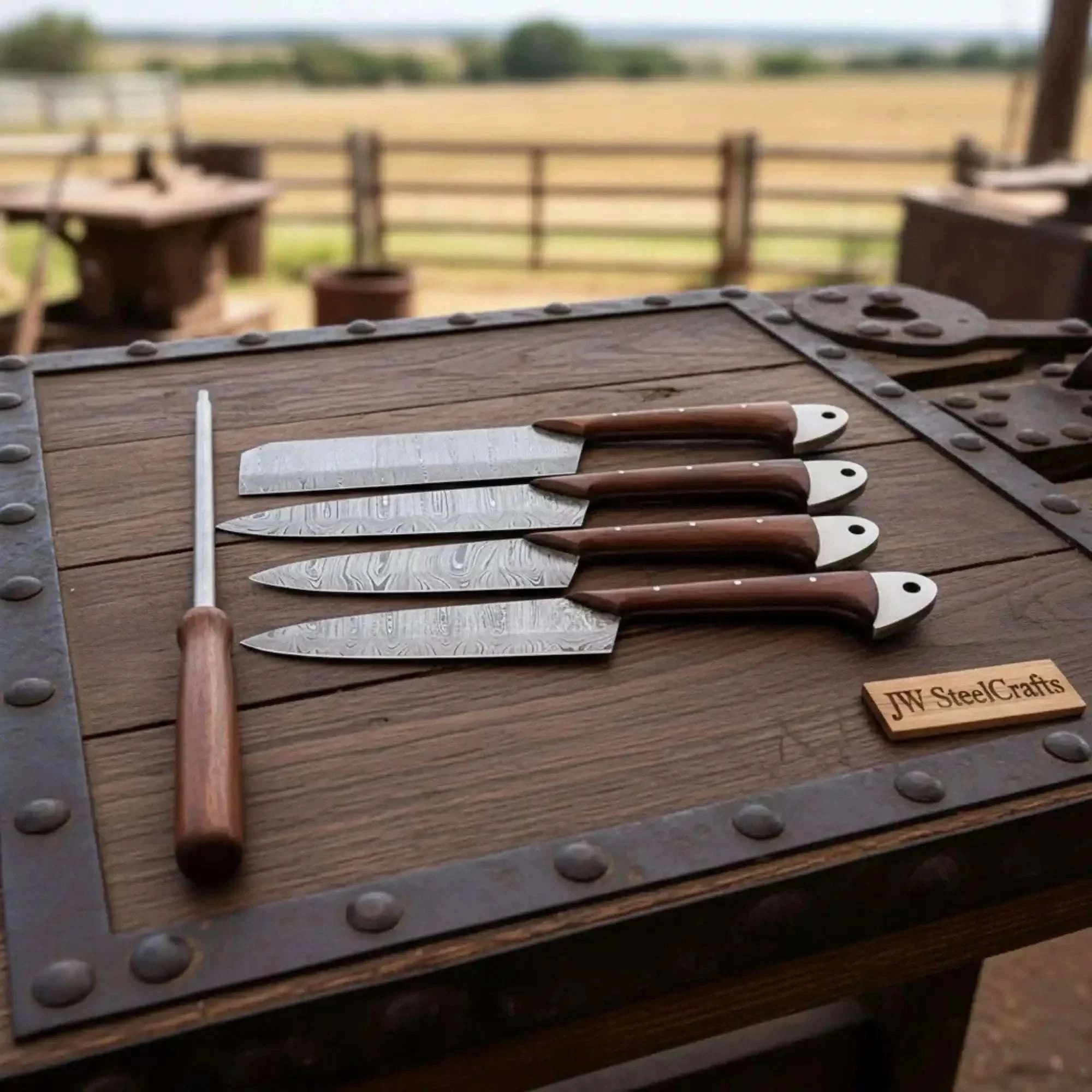 Palmarius Outdoors 4-Piece Handmade Damascus Kitchen Knife Set – Rosewood Handles, Steel Bolsters & Brass Pins | Chef, Santoku, Cleaver & Utility | Leather Roll & Honing Rod Included Handmade Chef Knife Sets