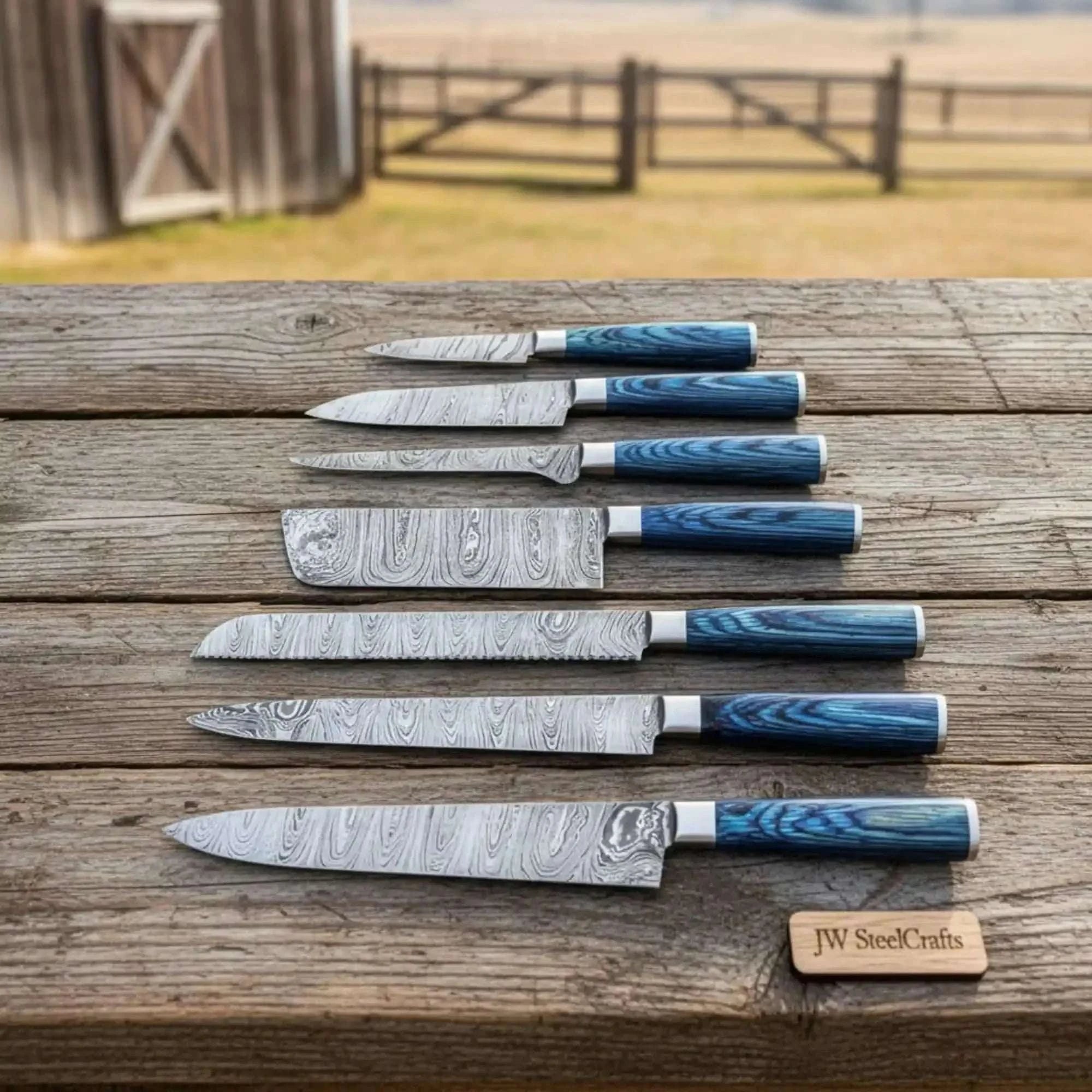 Palmarius Outdoors Artisan Damascus Specialty Chef Set — Sujihiki Carver, Nakiri Cleaver & Bunka/Petty Trio Collection Handmade Chef Knife Sets