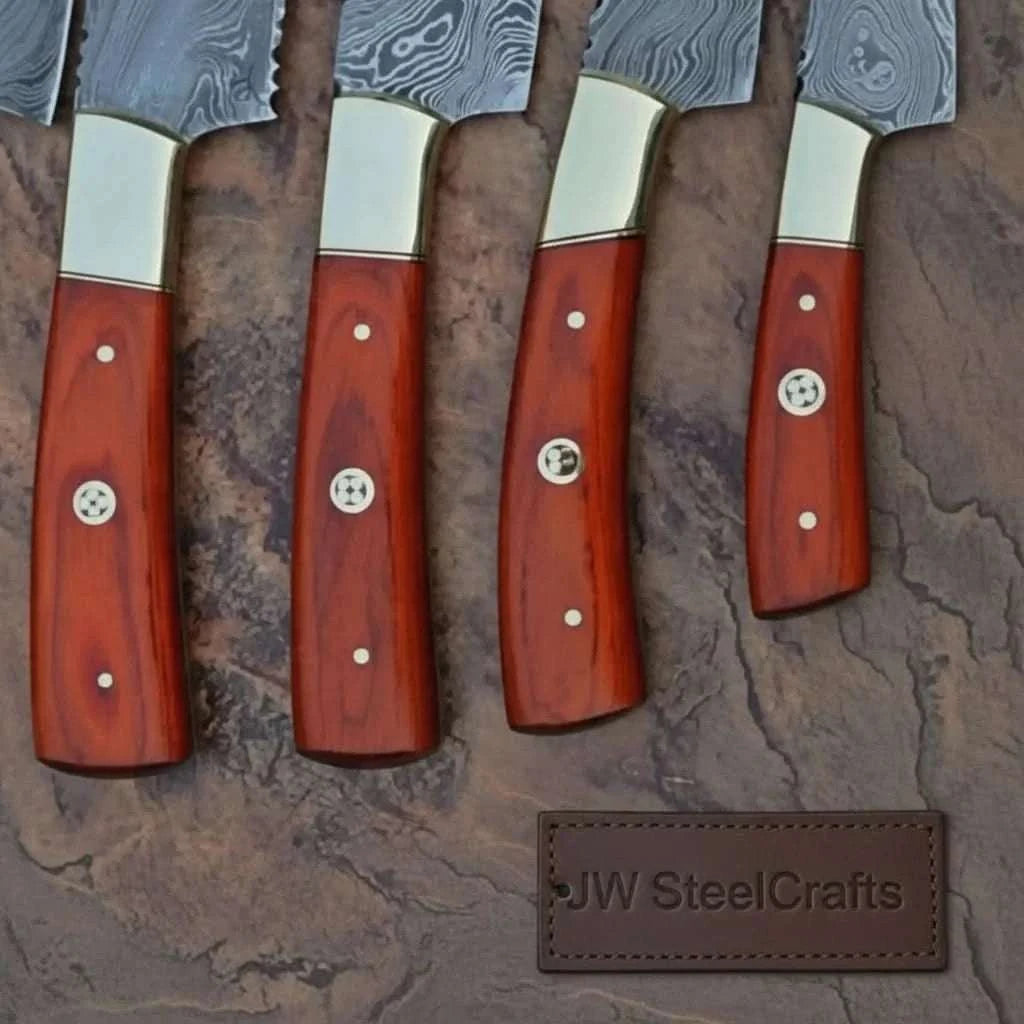 Palmarius Outdoors 5 Piece Damascus Kitchen Knife Set with Rosewood Handles, Cleaver Bread Chef Utility and Paring Knives, Handmade Professional Cooking Set Handmade Chef Knife Sets