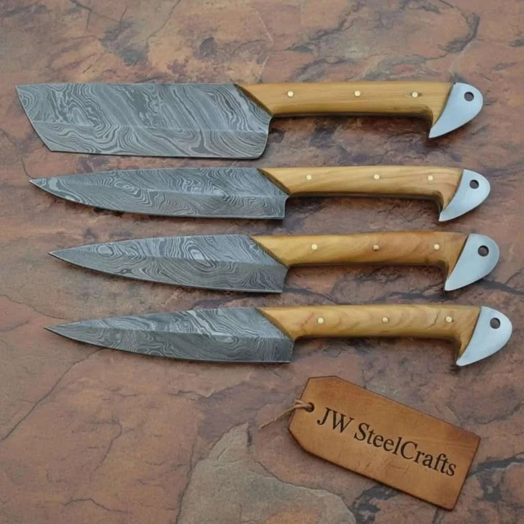 Palmarius Outdoors Damascus Kitchen Knife Set of 4 - Hand-Forged Full Tang Blades Handmade Chef Knife Sets