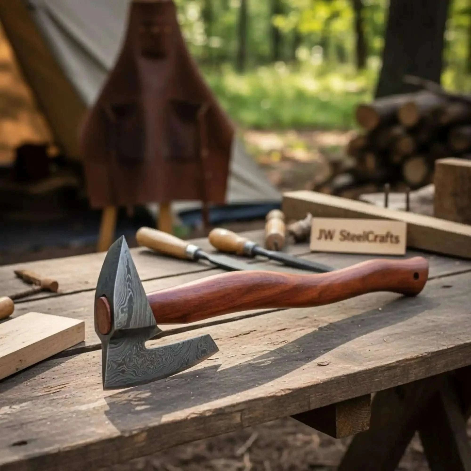 Palmarius Outdoors Rear Notch Bearded Axe with Angular Forged Damascus Head Handmade Axe