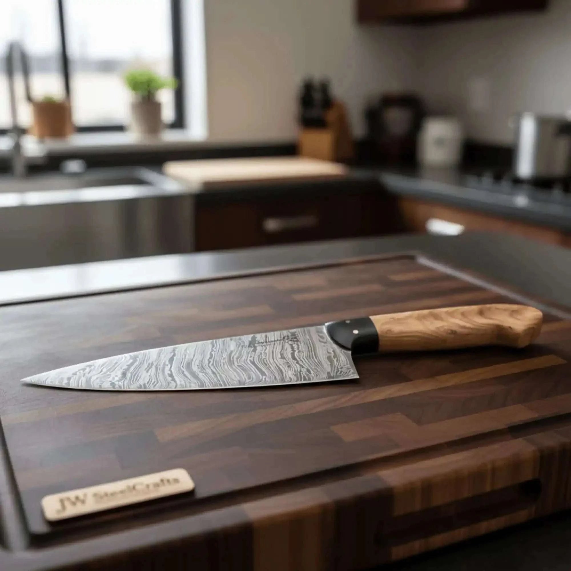 Palmarius Outdoors 13-Inch Fire Pattern Damascus Chef Knife — Olive Wood Handle, Brass Pins & Dark Bolster | JW Steel Crafts Damascus Steel Chef Knives