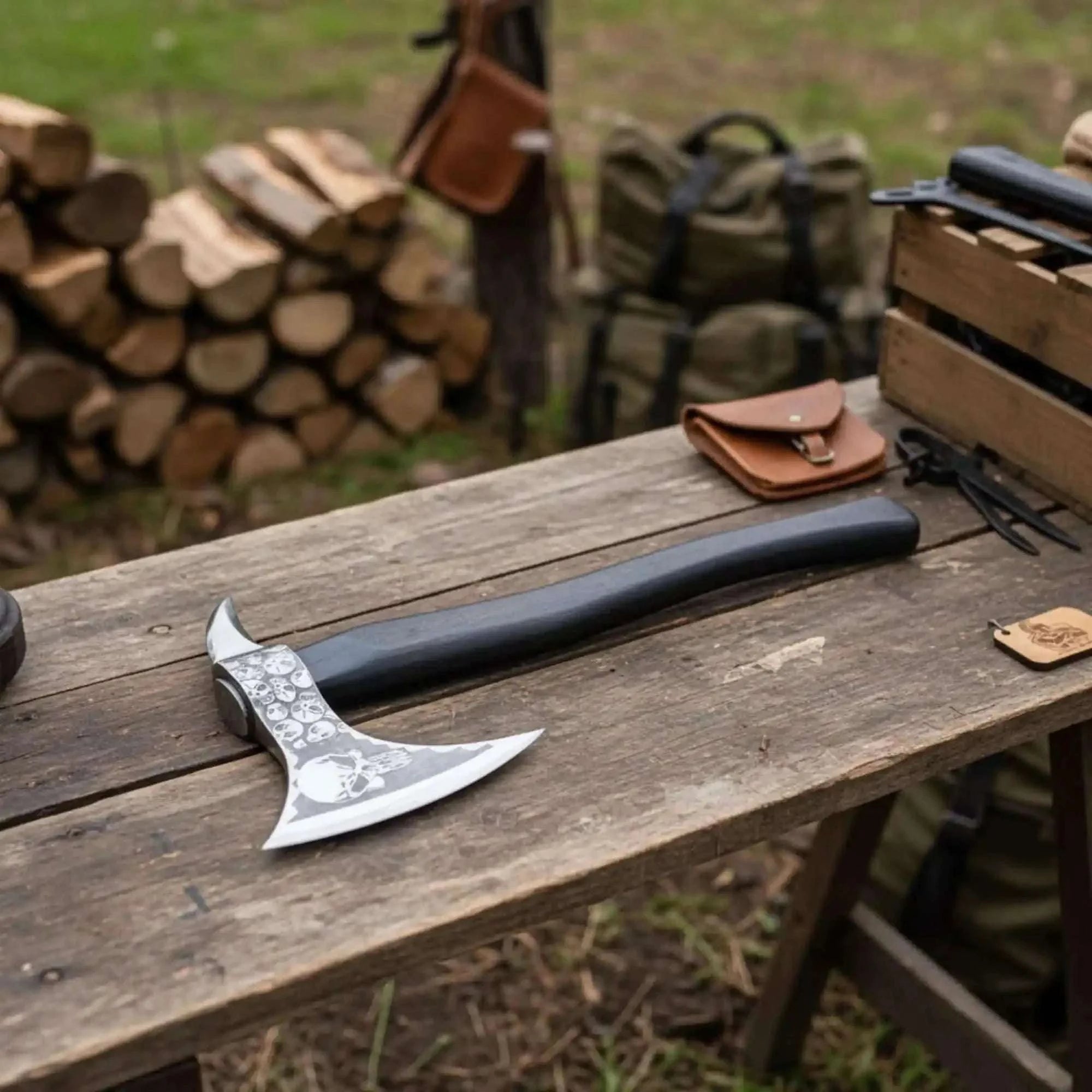 Palmarius Outdoors Hand-finished Bearded Axe – Detailed Etched Steel Head with Minimalist Black Handle Handmade Axe