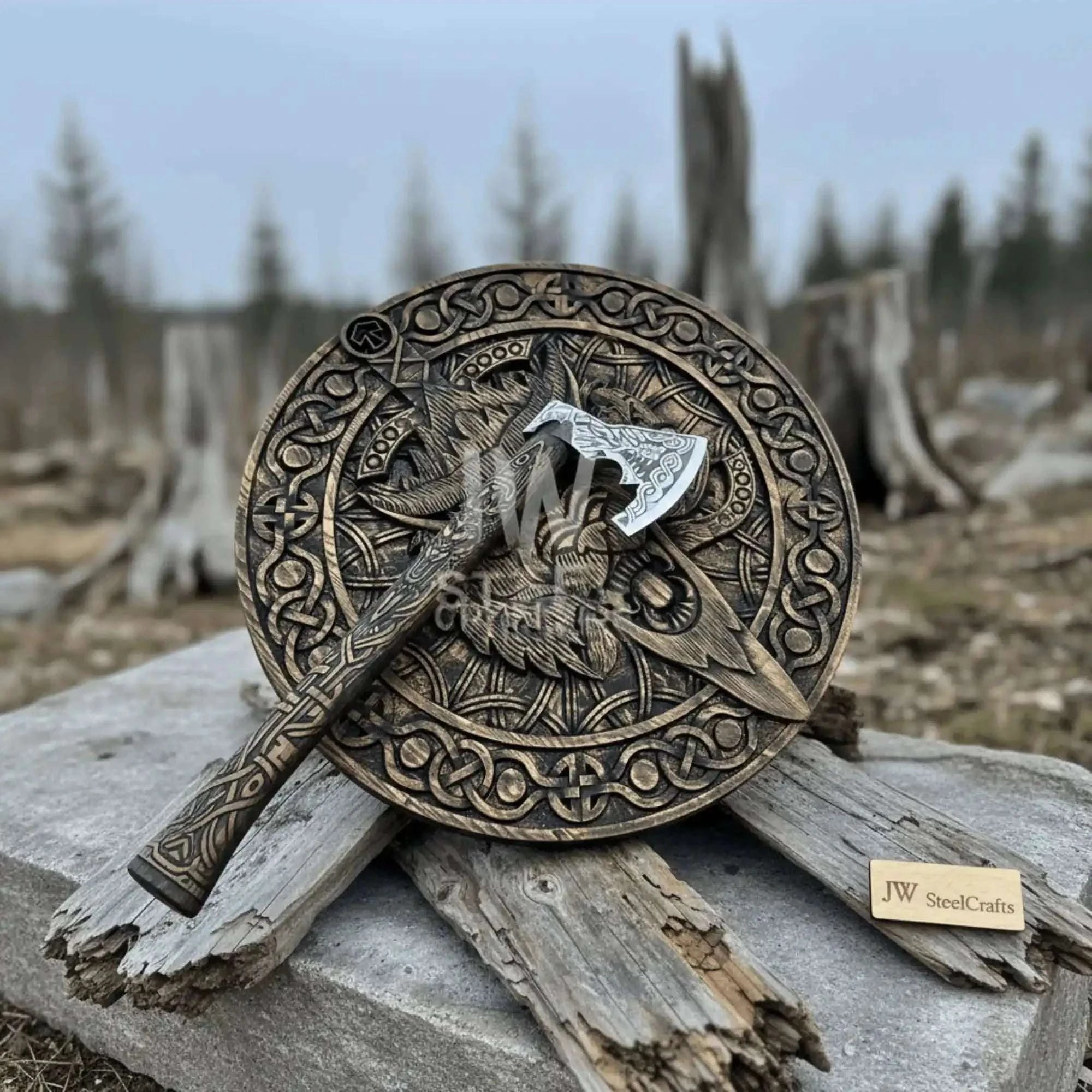 Palmarius Outdoors Handcrafted Viking Shield and Engraved Axe Set with Raven Motif and Norse Knotwork Handmade Axe