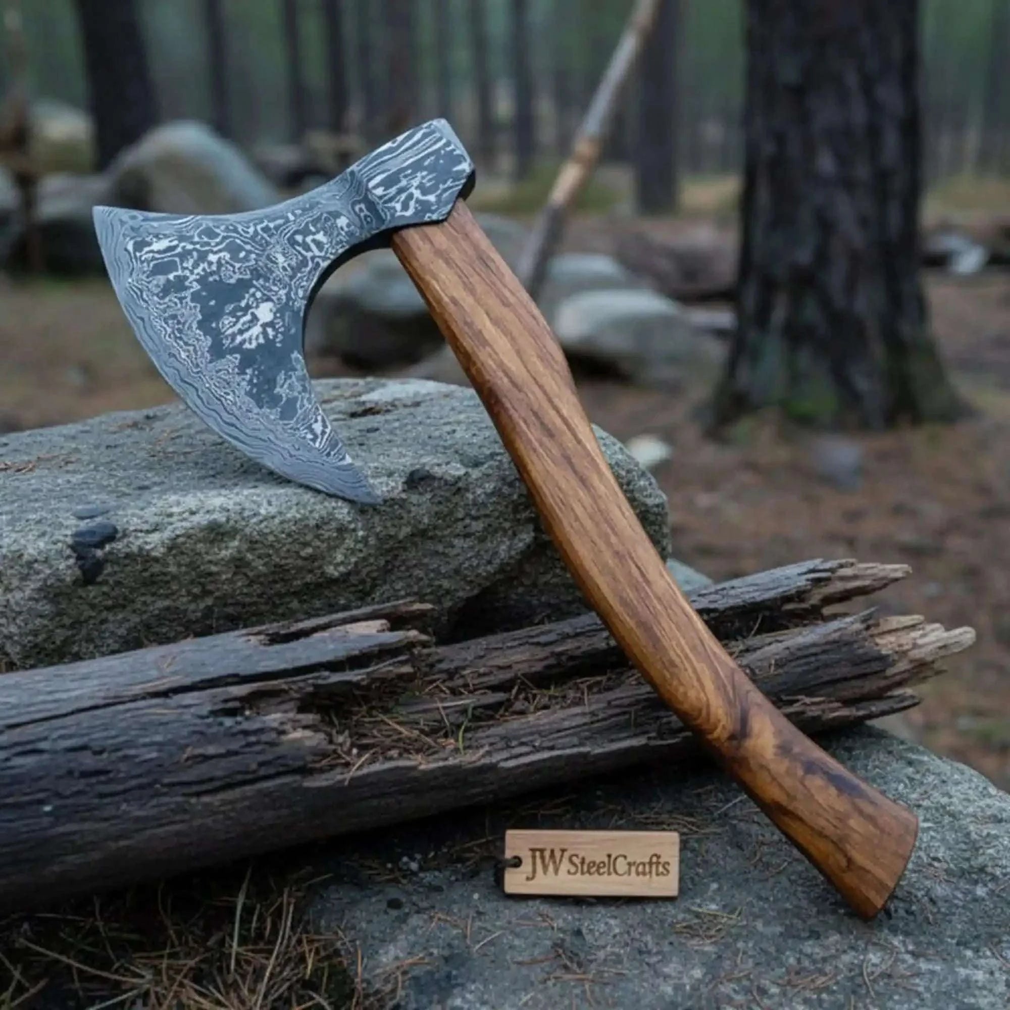 Palmarius Outdoors Damascus Dane Axe with Long Haft and Bearded Head Handmade Axe