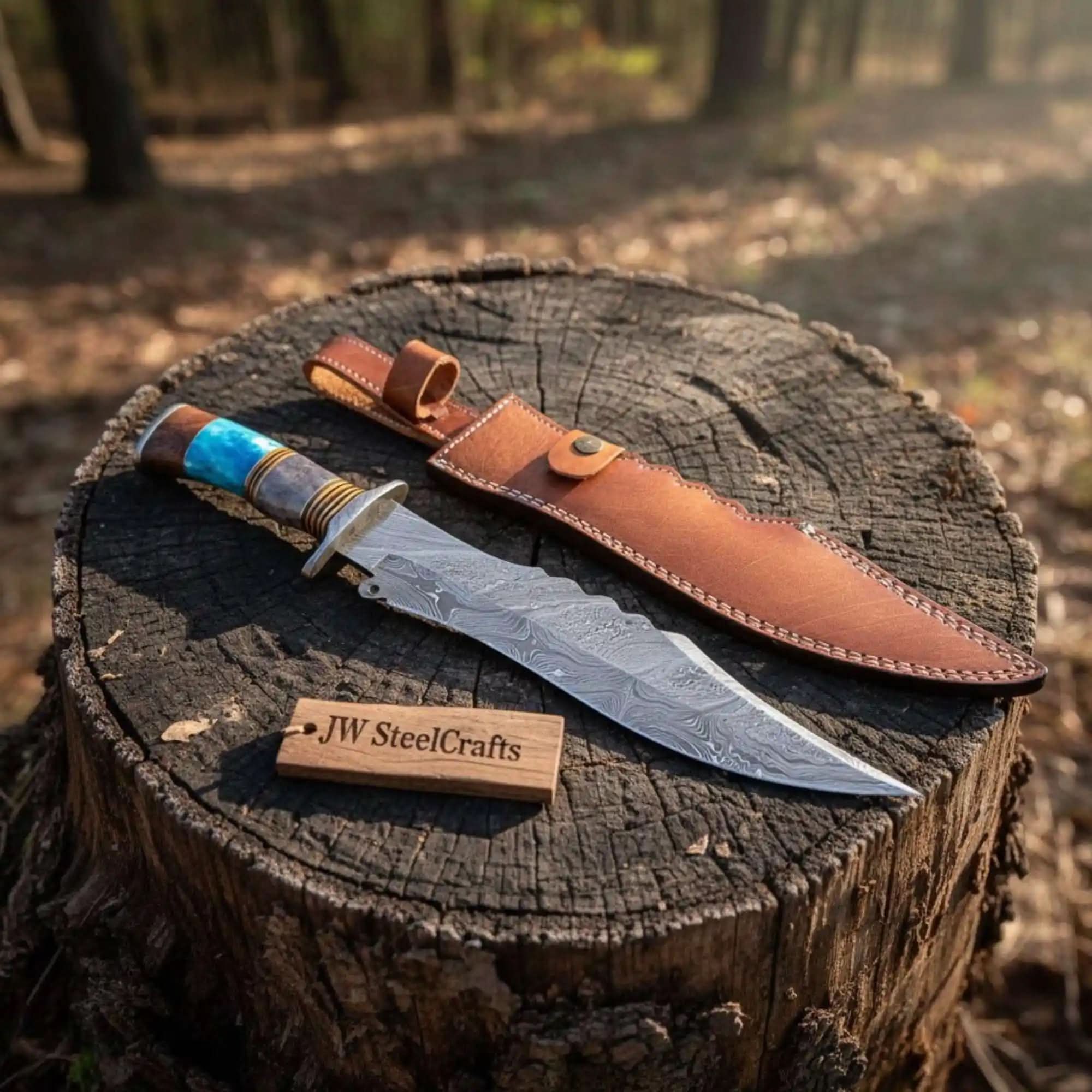 Palmarius Outdoors Handmade Damascus Clip Point Bowie Knife Stacked Bone and Wood Handle Fixed Blade JW SteelCrafts Clip Point Bowie Knives