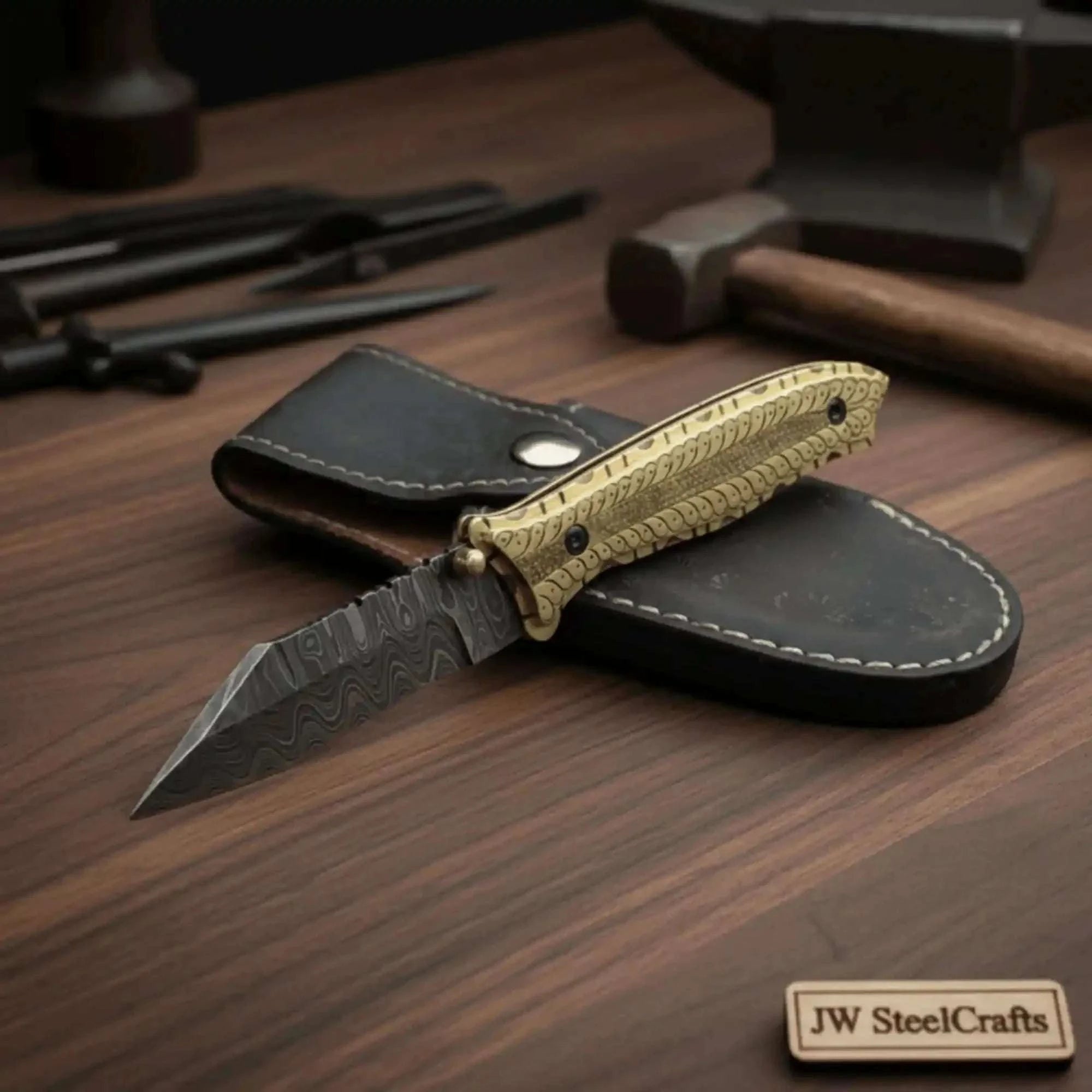 Palmarius Outdoors Handmade Damascus Steel Folding Knife with Olive Wood Handle – Brass Liner Pocket Knife Liner Lock Folder