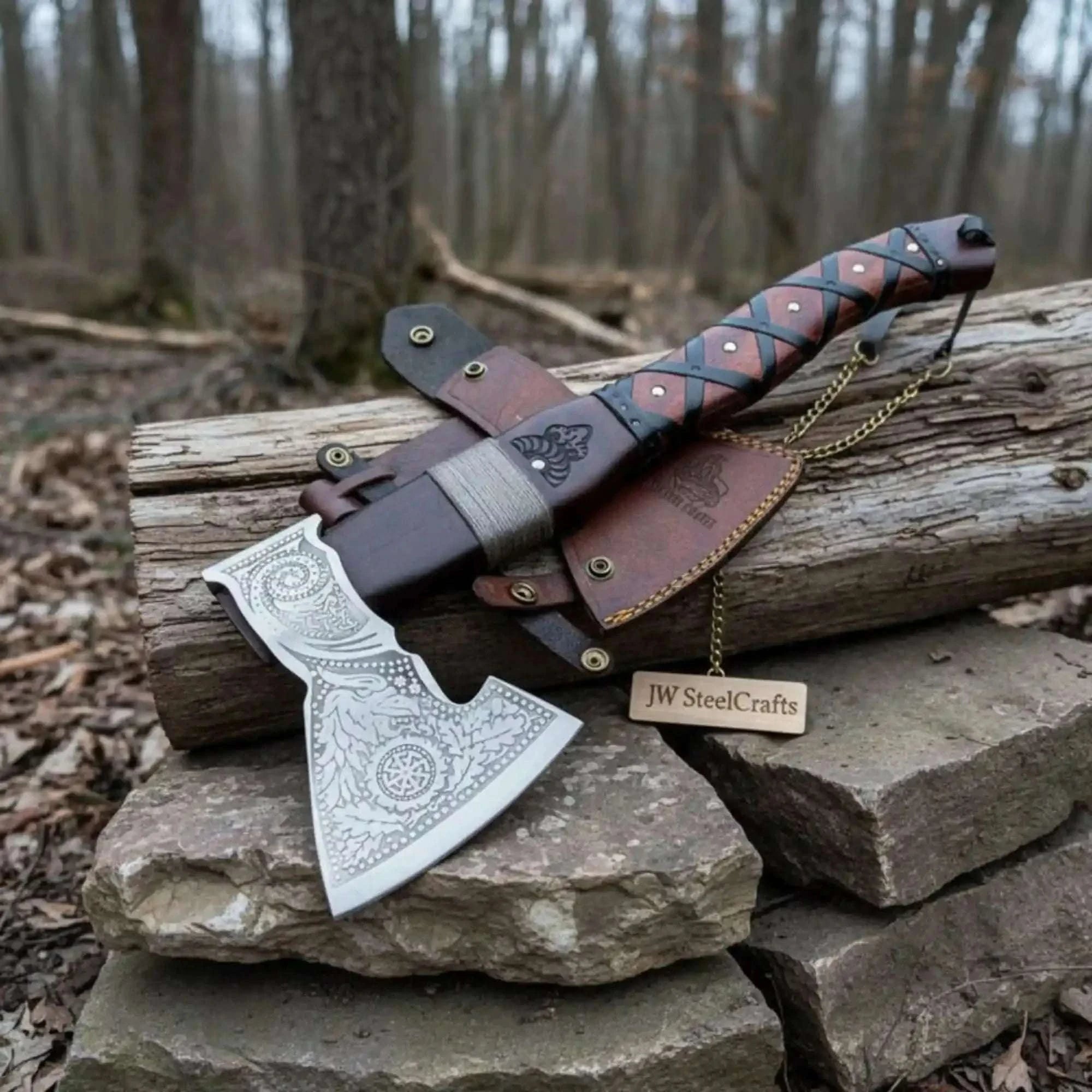 Palmarius Outdoors Viking Bearded Axe with Norse Engraved Blade and Leather Sheath Handmade Axe