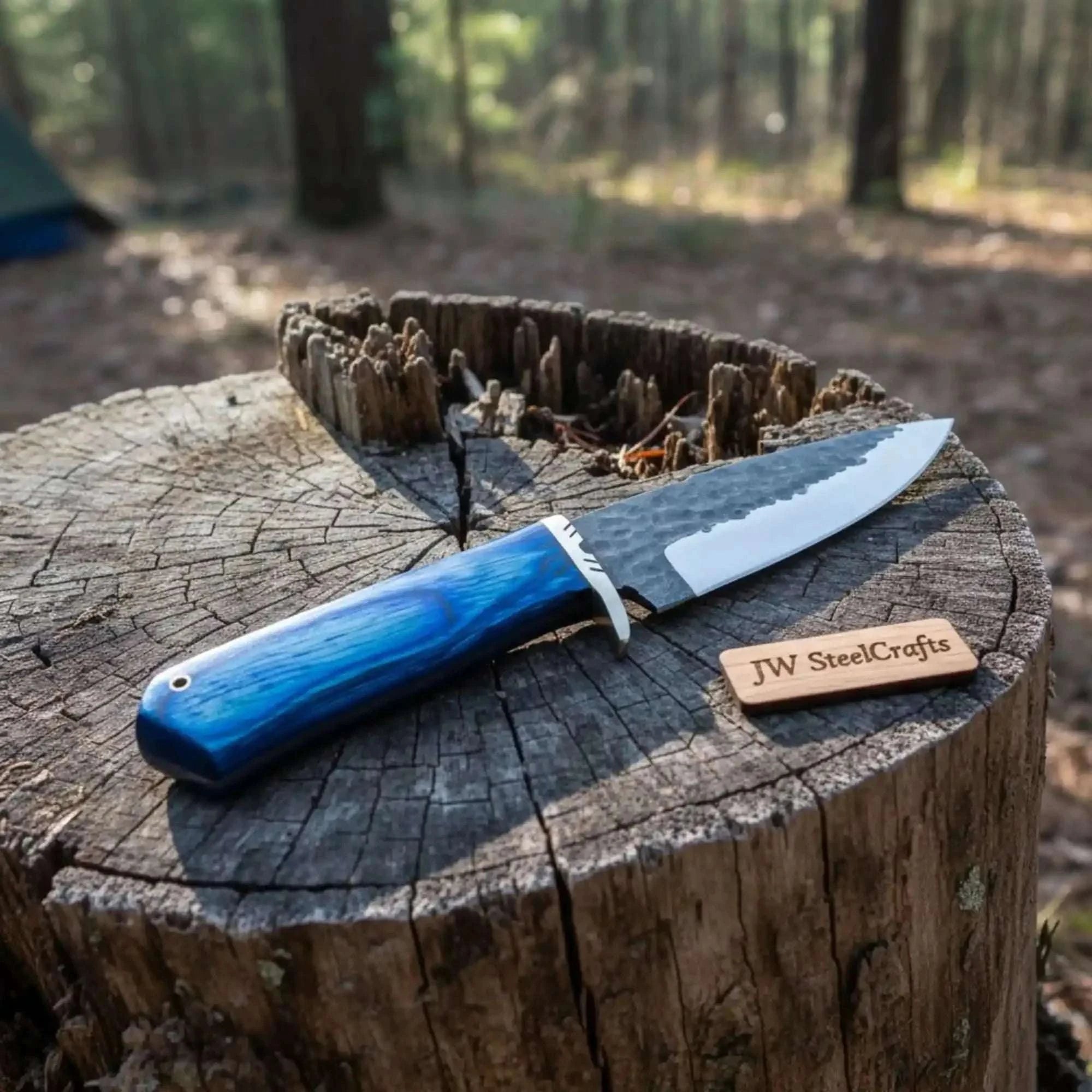 Palmarius Outdoors Hammered Drop Point Hunting Knife Blue Pakka wood Handle Fixed Blade Skinner Knife