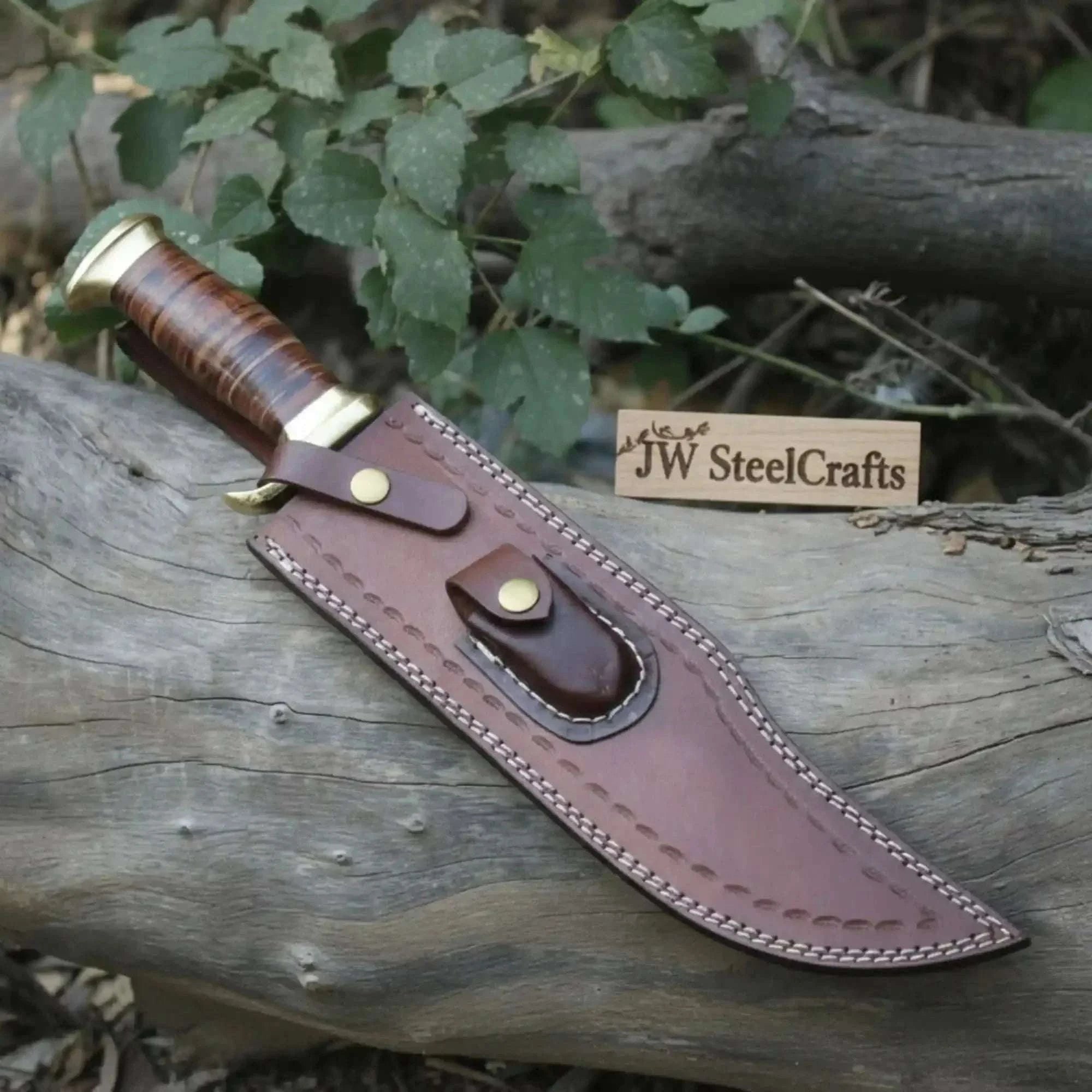 Palmarius Outdoors Traditional Bowie Fixed Blade Knife Brass Guard Leather Sheath