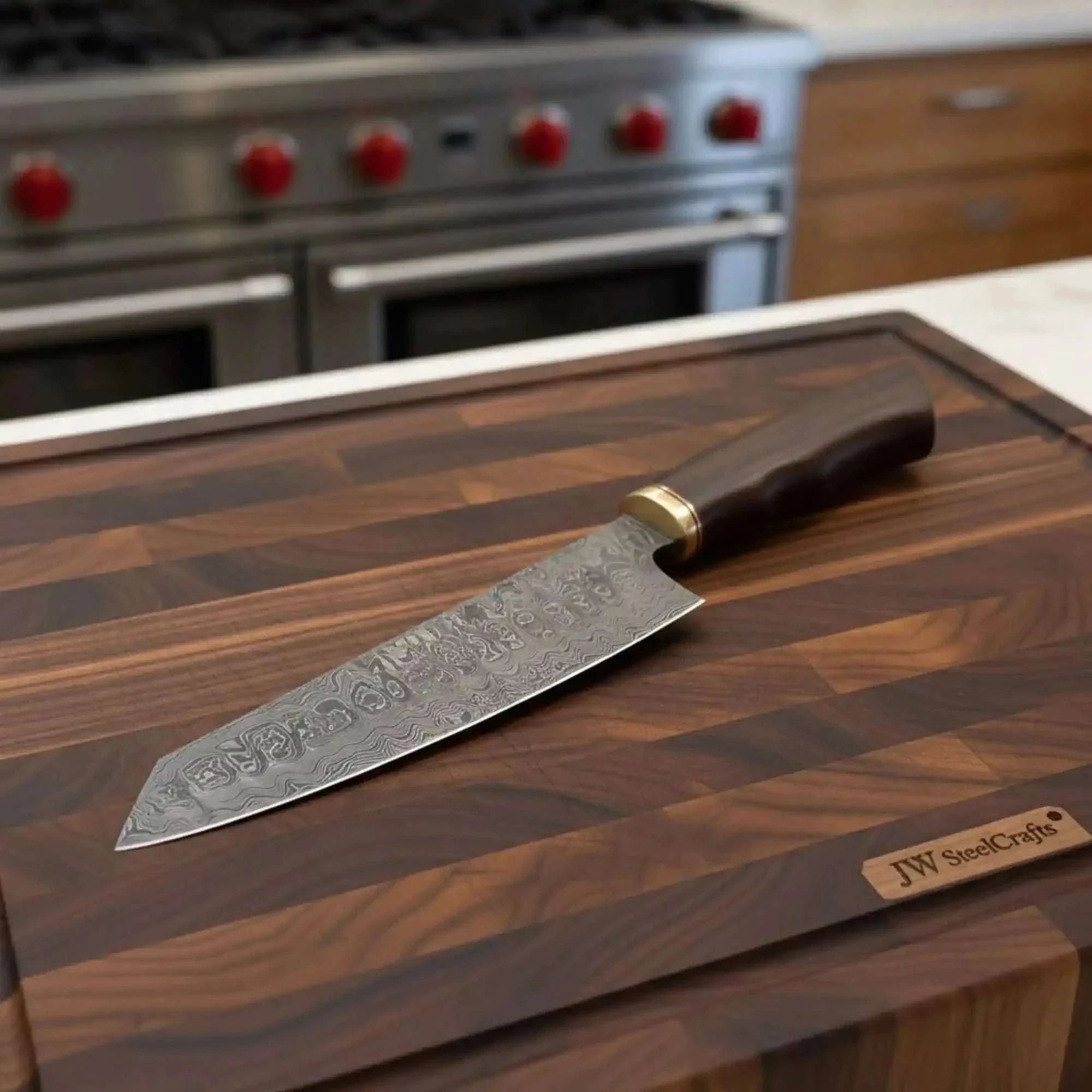 Palmarius Outdoors 8” Ladder Pattern Damascus Gyuto Chef Knife with Rosewood Handle & Brass Bolster Damascus Steel Chef Knives