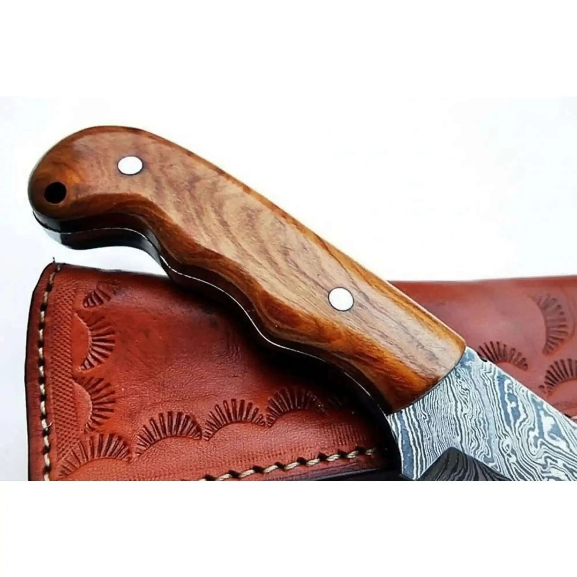 Palmarius Outdoors Damascus Drop Point Skinner Knife 3 Inch Blade Rosewood Handle Fixed Blade With Leather Sheath Skinner Knife