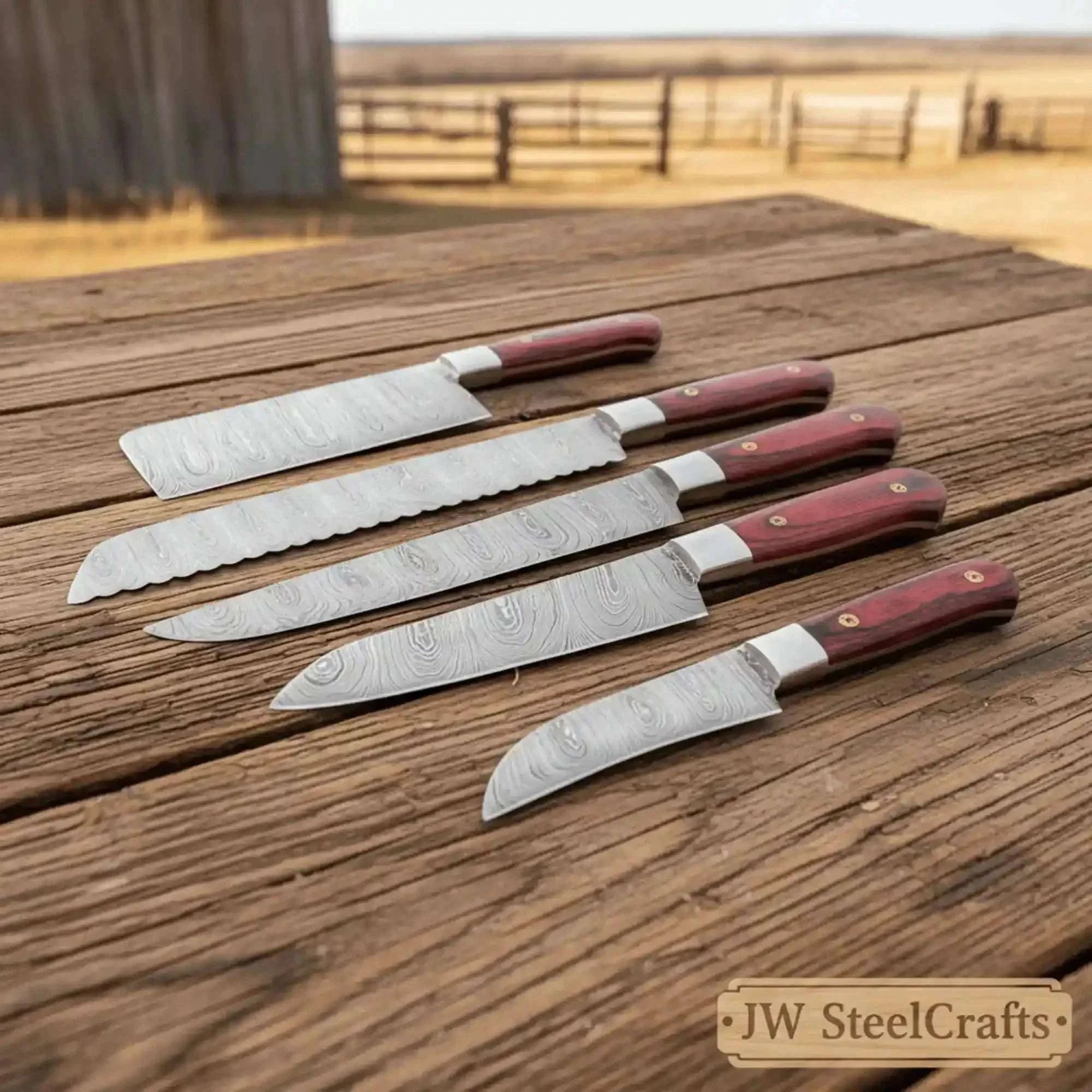 Palmarius Outdoors 5-Piece Handcrafted Damascus Steel Knife Set: Cleaver, Bread, Chef, Utility, Paring Handmade Chef Knife Sets