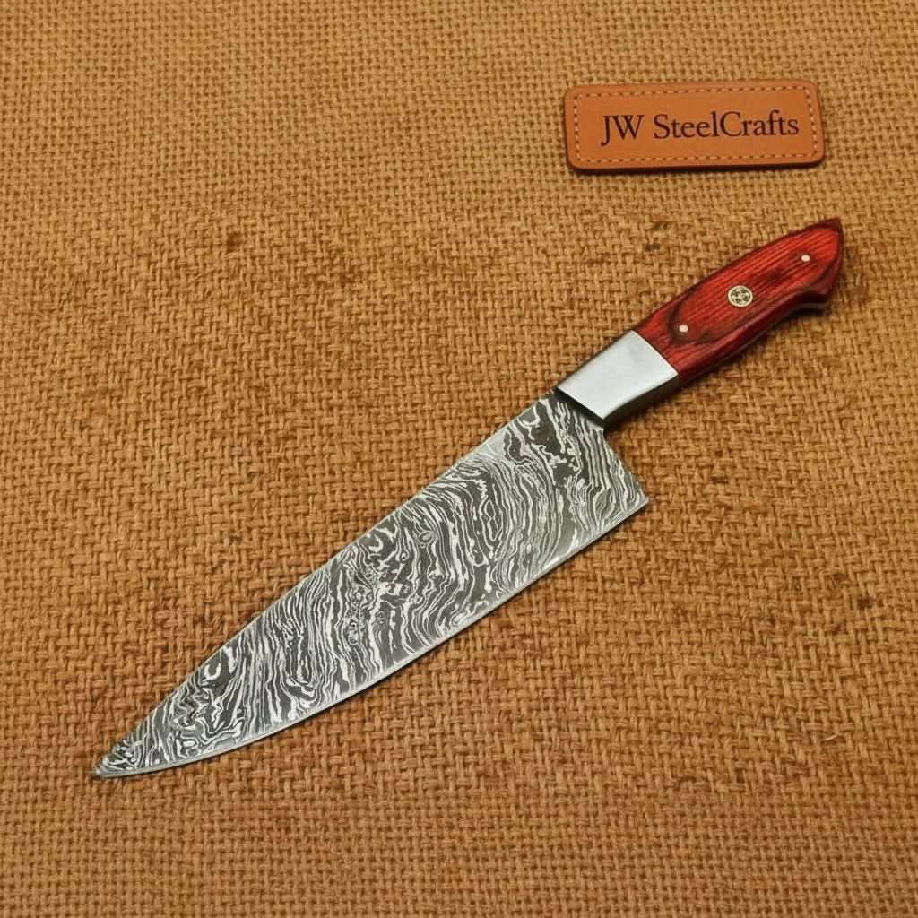 Palmarius Outdoors 12" Professional Damascus Gyuto Chef Knife — 7" Blade, Red Pakka Wood Handle & Polished Bolster | JW SteelCrafts Chef Knives