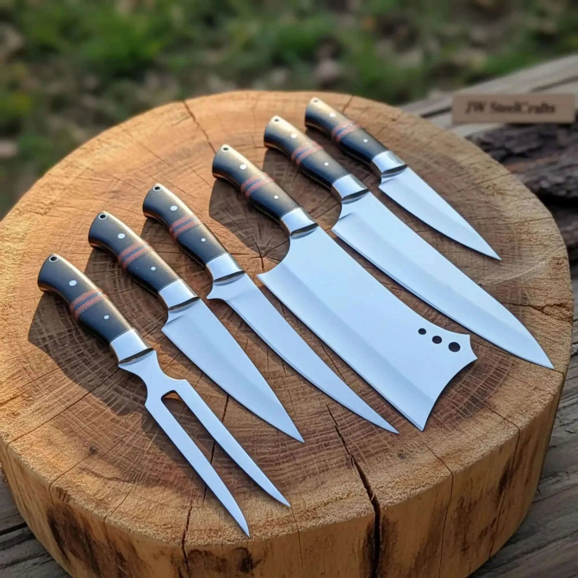 Palmarius Outdoors 6-Piece J2 Steel Kitchen Knife Set — Chef, Cleaver, Santoku, Utility, Paring & Carving Fork with Black Resin Rosewood Handles Damascus Steel Kitchen Knife Set