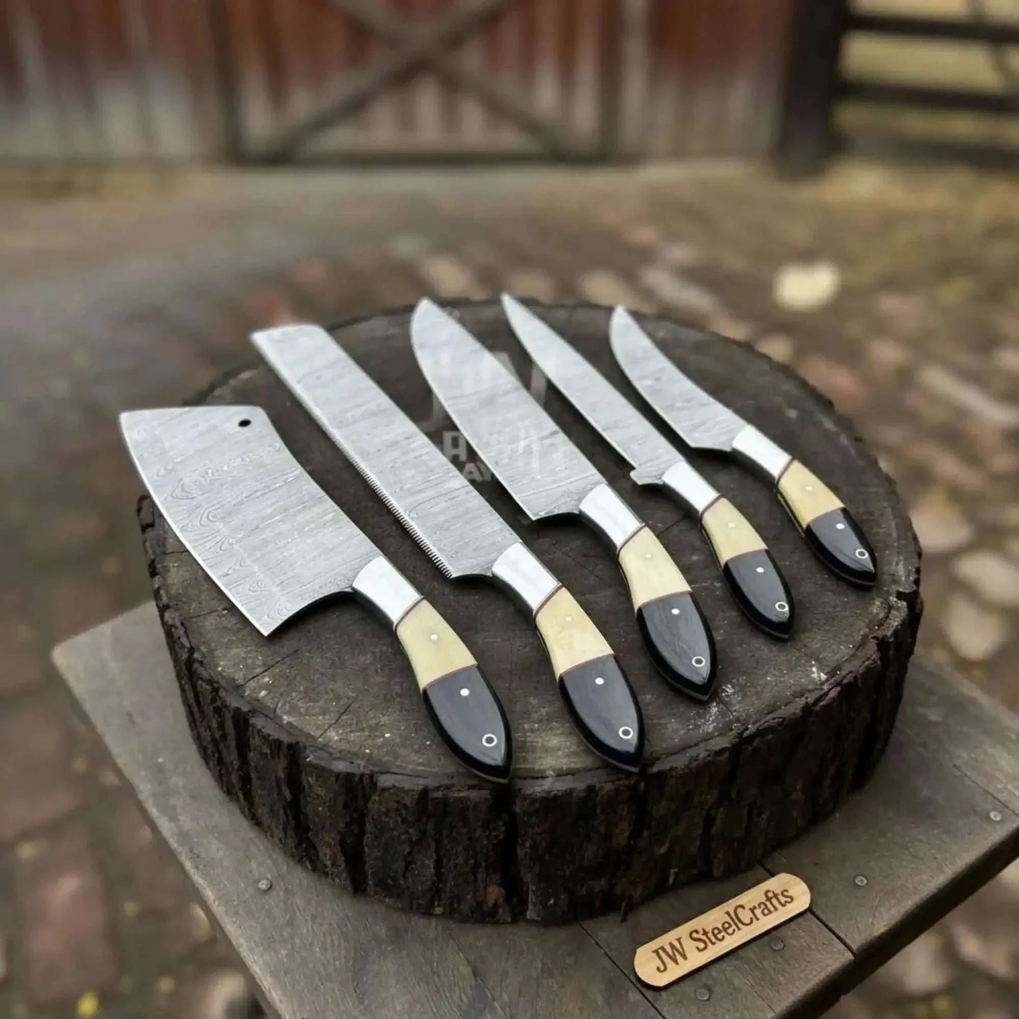 Palmarius Outdoors 5-Piece Damascus Chef Knife Set – Camel Bone and Black Micarta Handles Handmade Chef Knife Sets