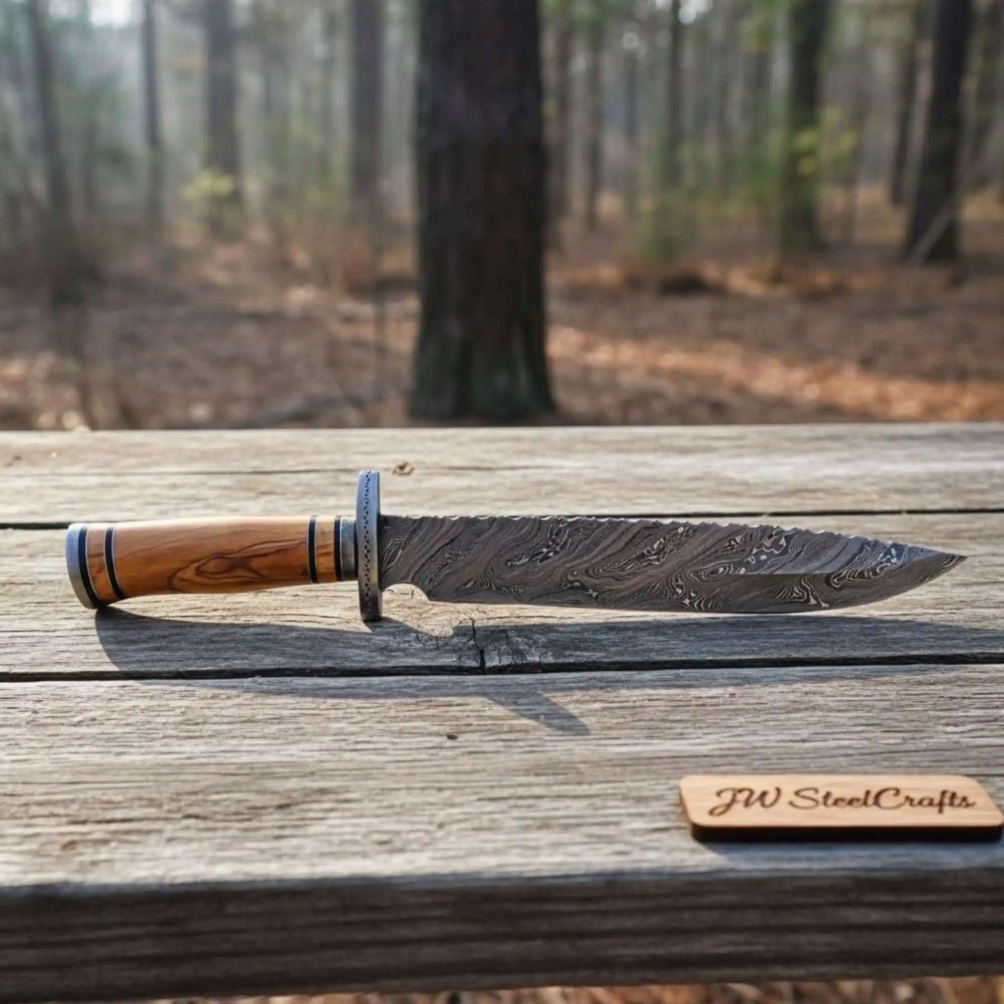 Palmarius Outdoors Frontier Damascus Clip Point Bowie Knife with Ash Wood Handle | JW SteelCrafts Clip Point Bowie Knives