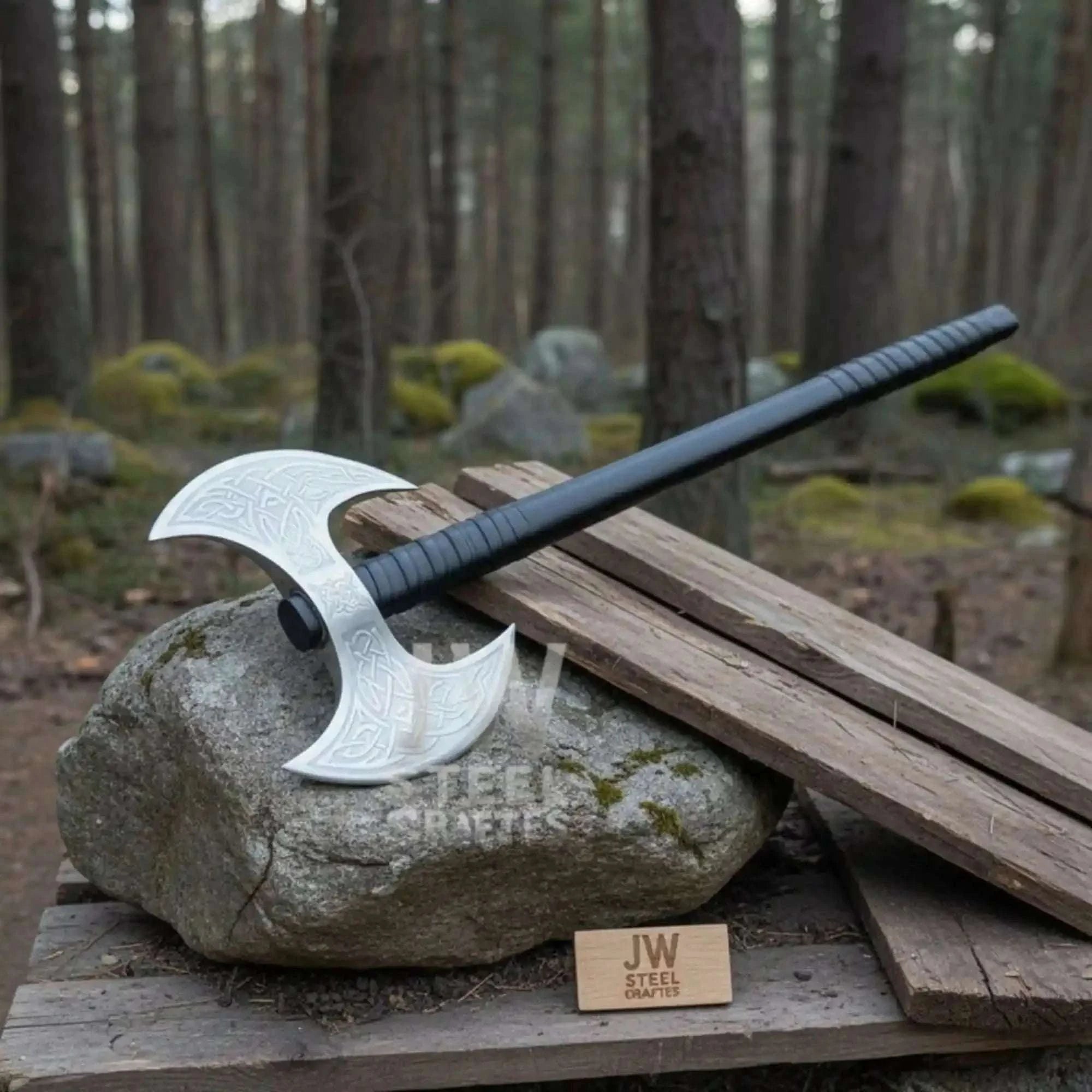 Palmarius Outdoors Custom Handmade Double-Headed Viking Axe with Nordic Knotwork Engravings and Cord-Wrapped Handle Handmade Axe