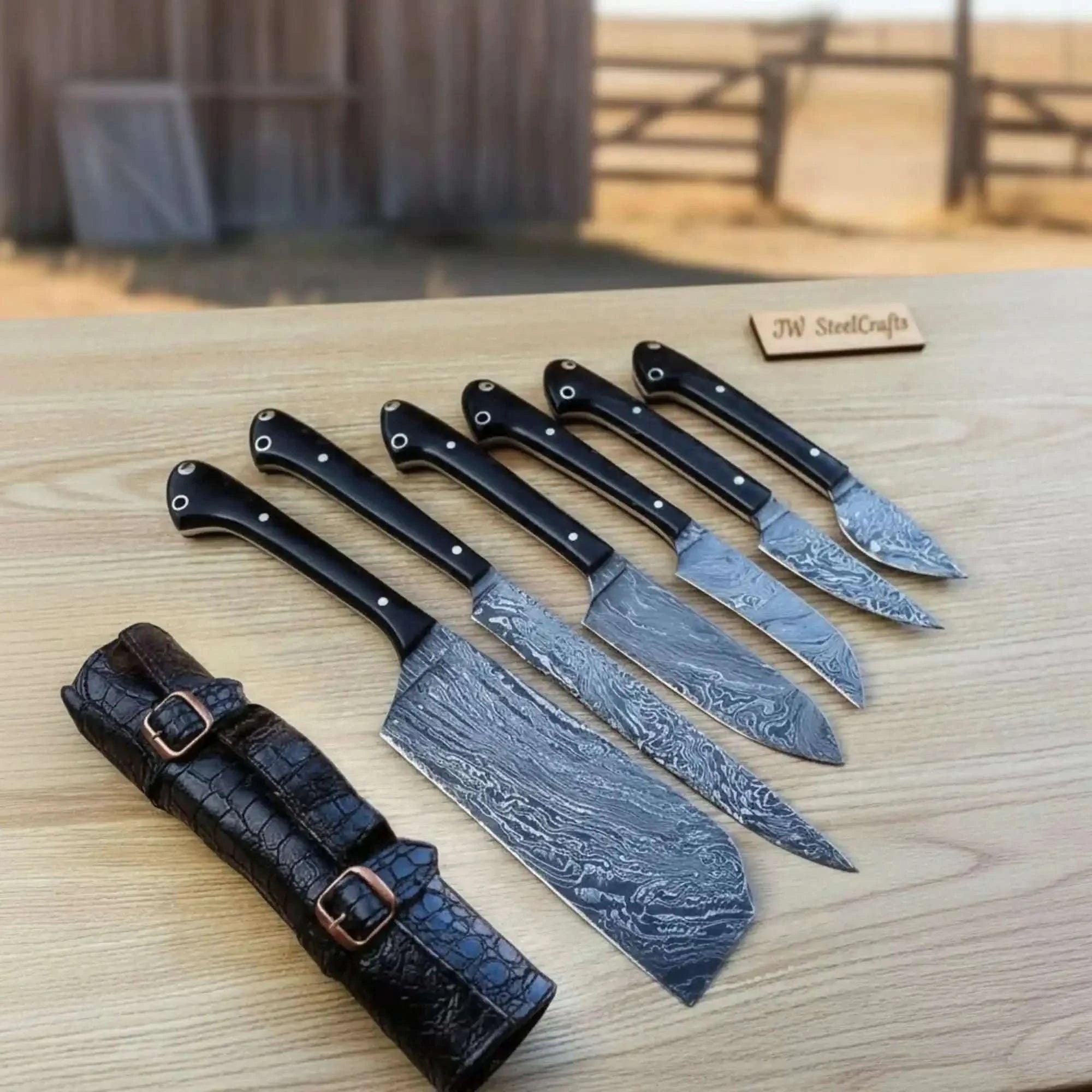 Palmarius Outdoors JW SteelCrafts Fire-Pattern Damascus Full-Tang Butcher Cleaver & Precision Kitchen Knife Set Handmade Chef Knife Sets