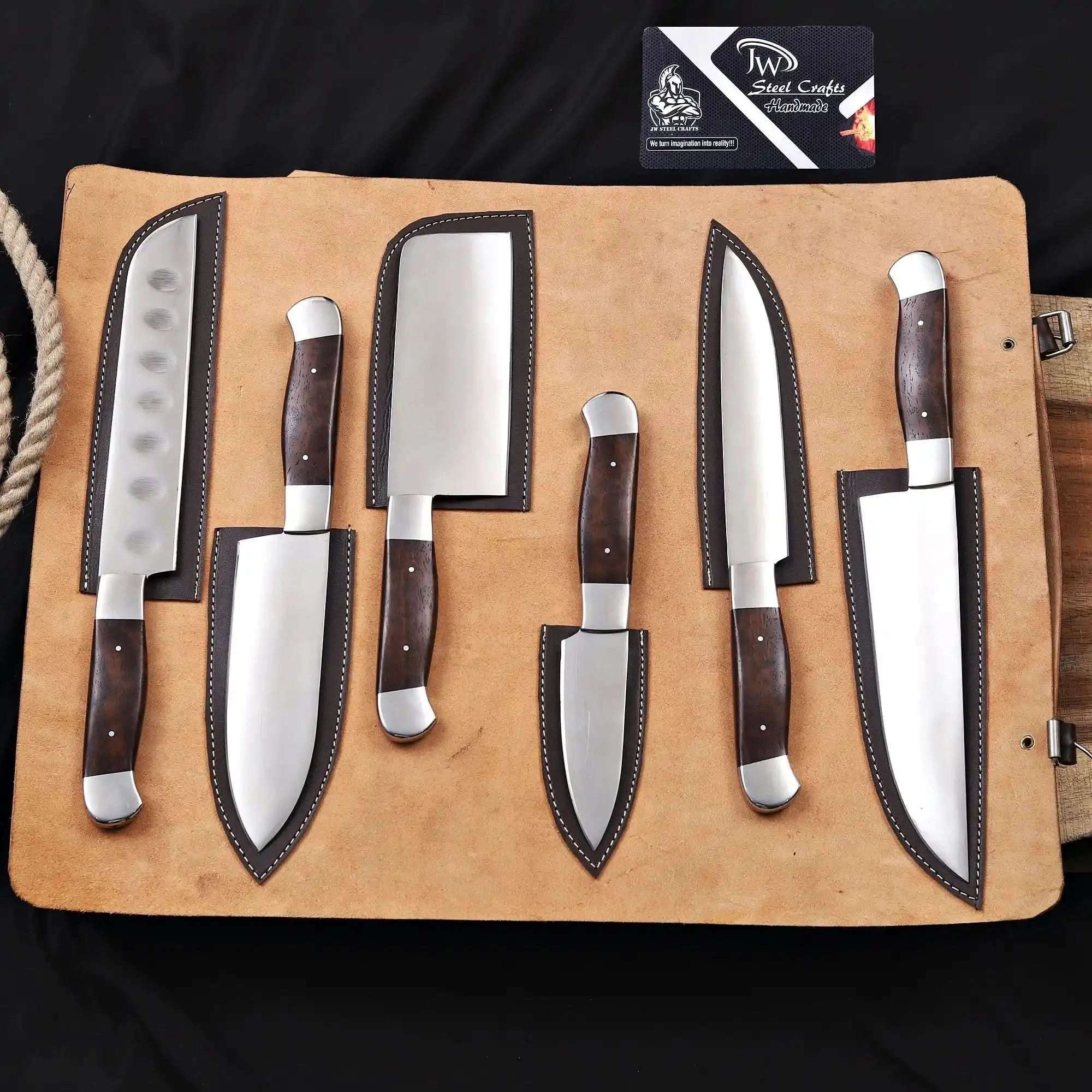 Palmarius Outdoors 6-Piece High Carbon Steel Kitchen Knife Set with Leather Roll — Olive Wood Handles, Steel Bolsters, 7 to 12 Inc Handmade Chef Knife Sets