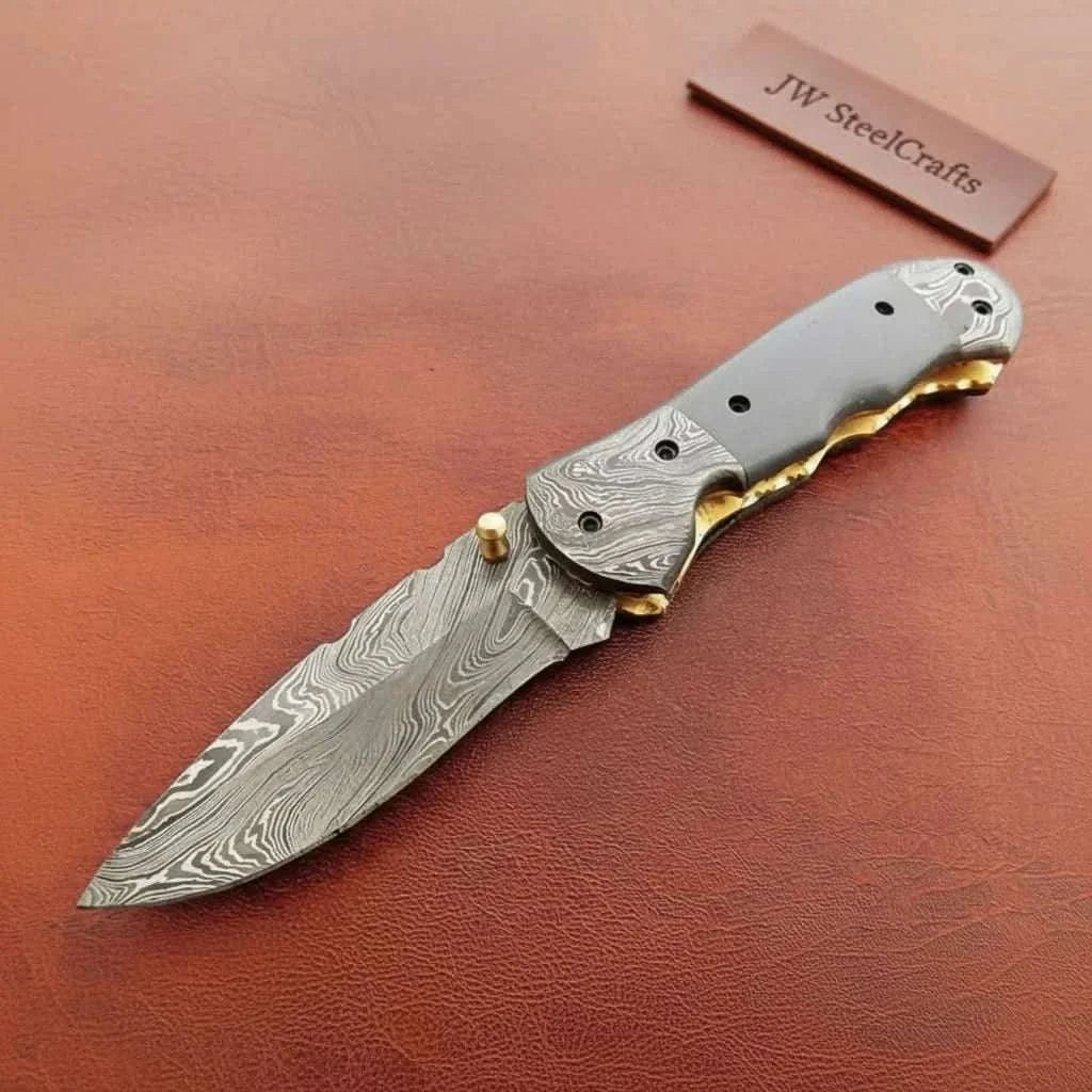 Palmarius Outdoors Handmade Damascus Folding Knife with Gray Micarta Handle, Custom Pocket Knife, EDC Damascus Folder by JW SteelCrafts Liner Lock Folder