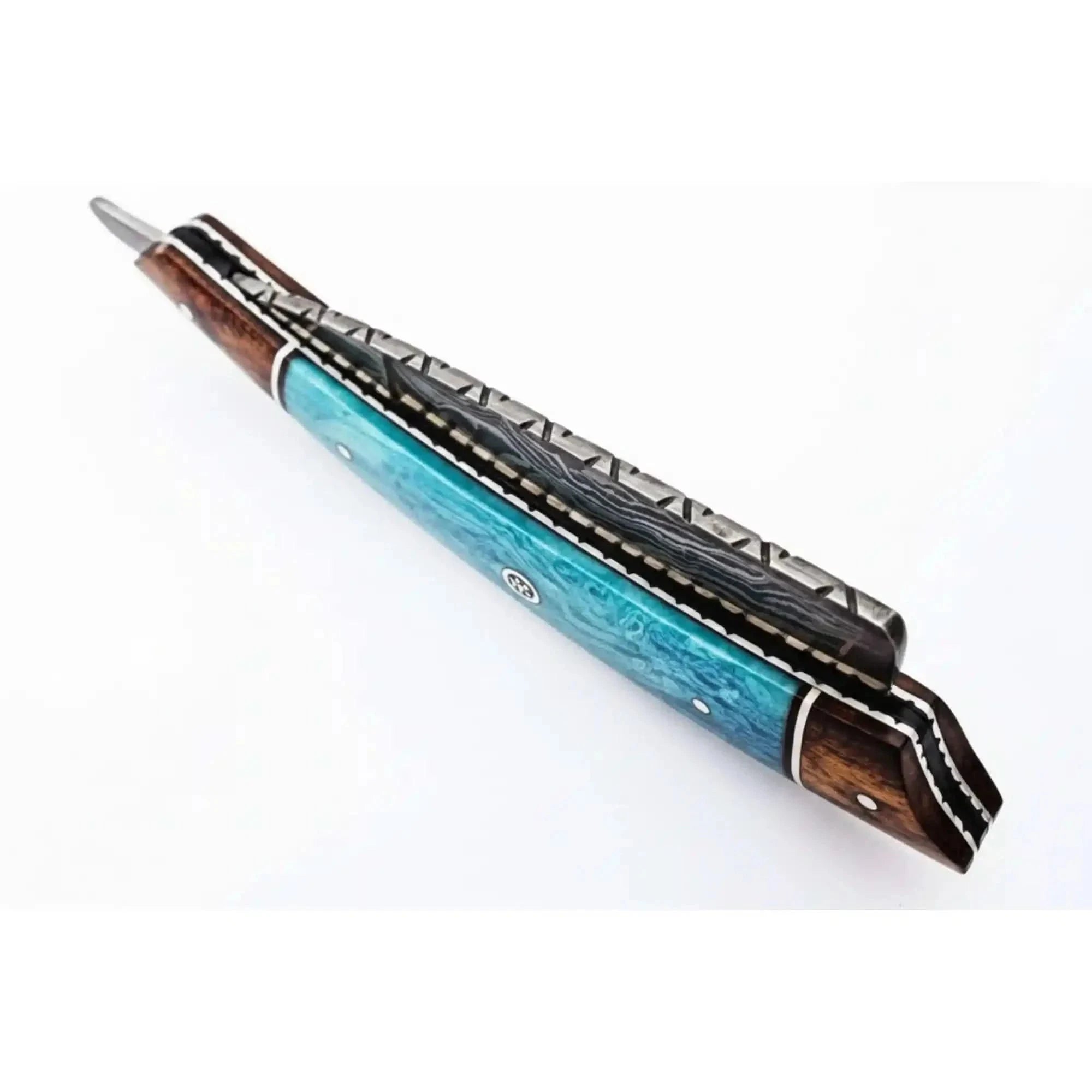 Palmarius Outdoors Classic Western Damascus Straight Barber Razor with Blue Bone and Rosewood Handle Damascus Straight Razors