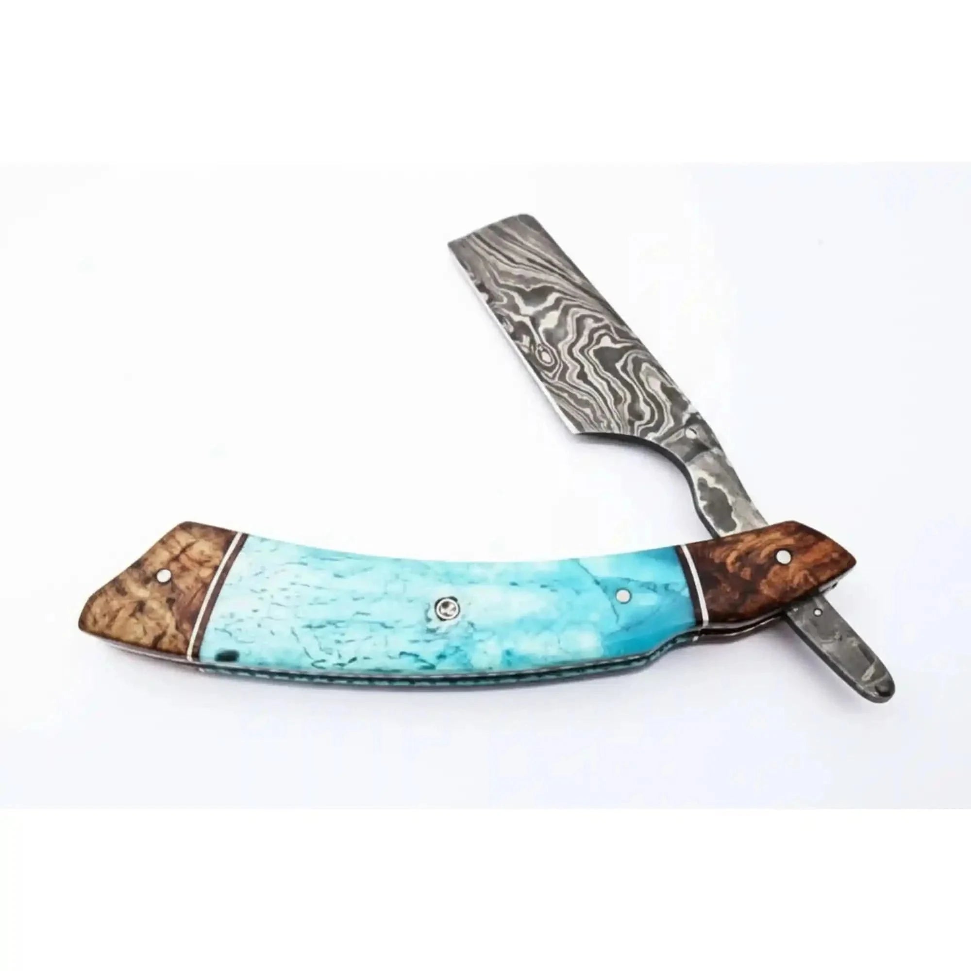 Palmarius Outdoors Classic Western Damascus Straight Barber Razor with Blue Bone and Rosewood Handle Damascus Straight Razors