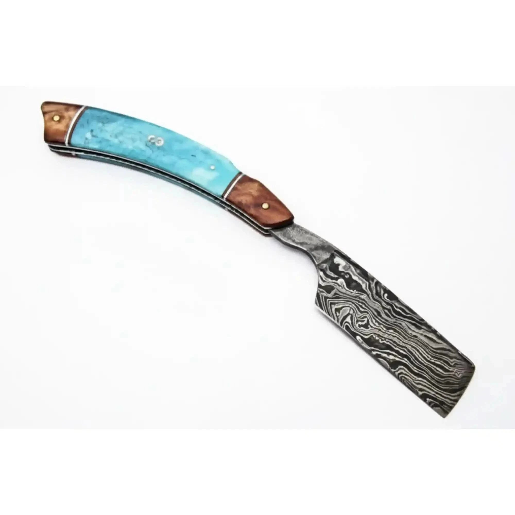 Palmarius Outdoors Classic Western Damascus Straight Barber Razor with Blue Bone and Rosewood Handle Damascus Straight Razors