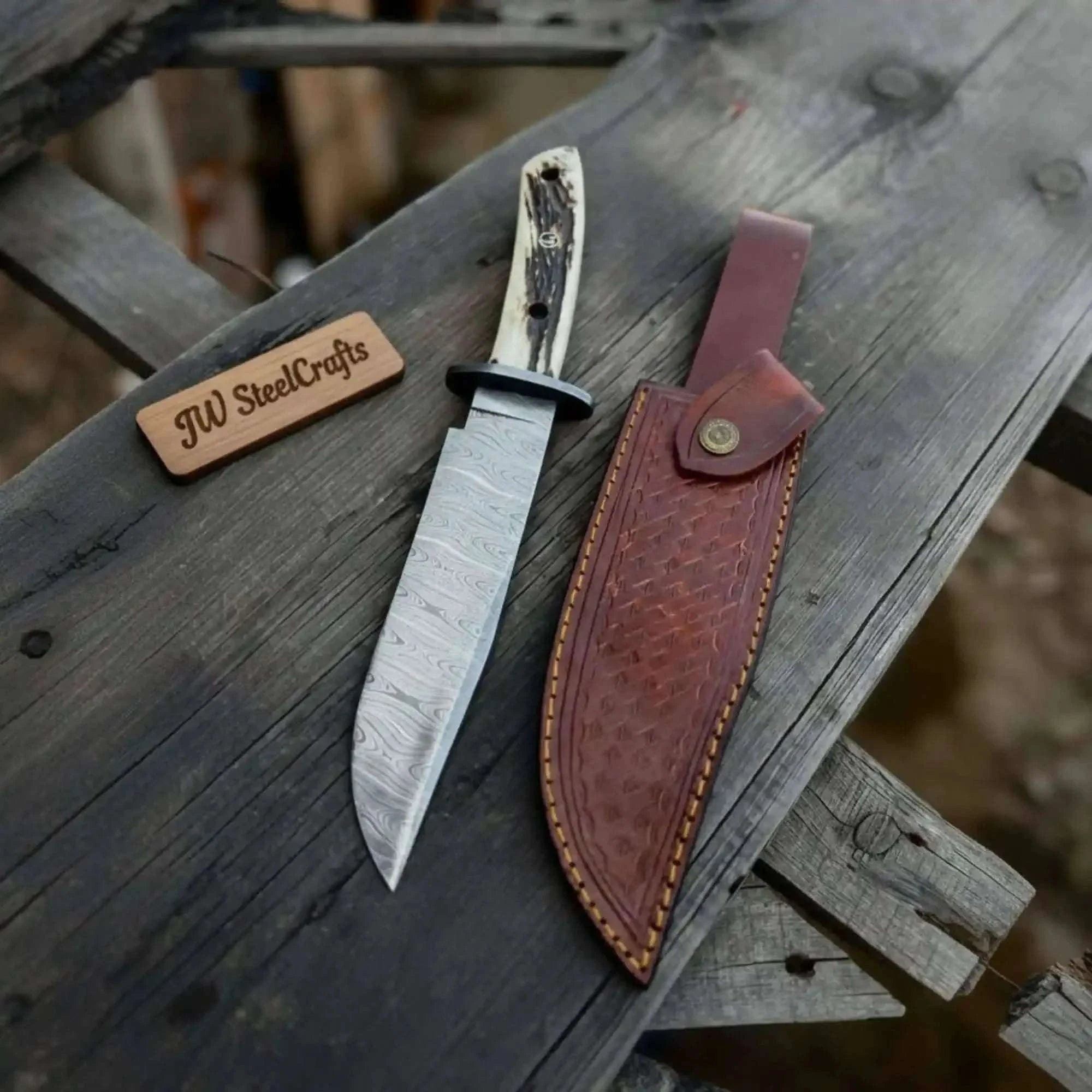 Palmarius Outdoors Handmade Damascus Hunting Knife with Stag Antler Bowie Blade Damascus Bowie Knives
