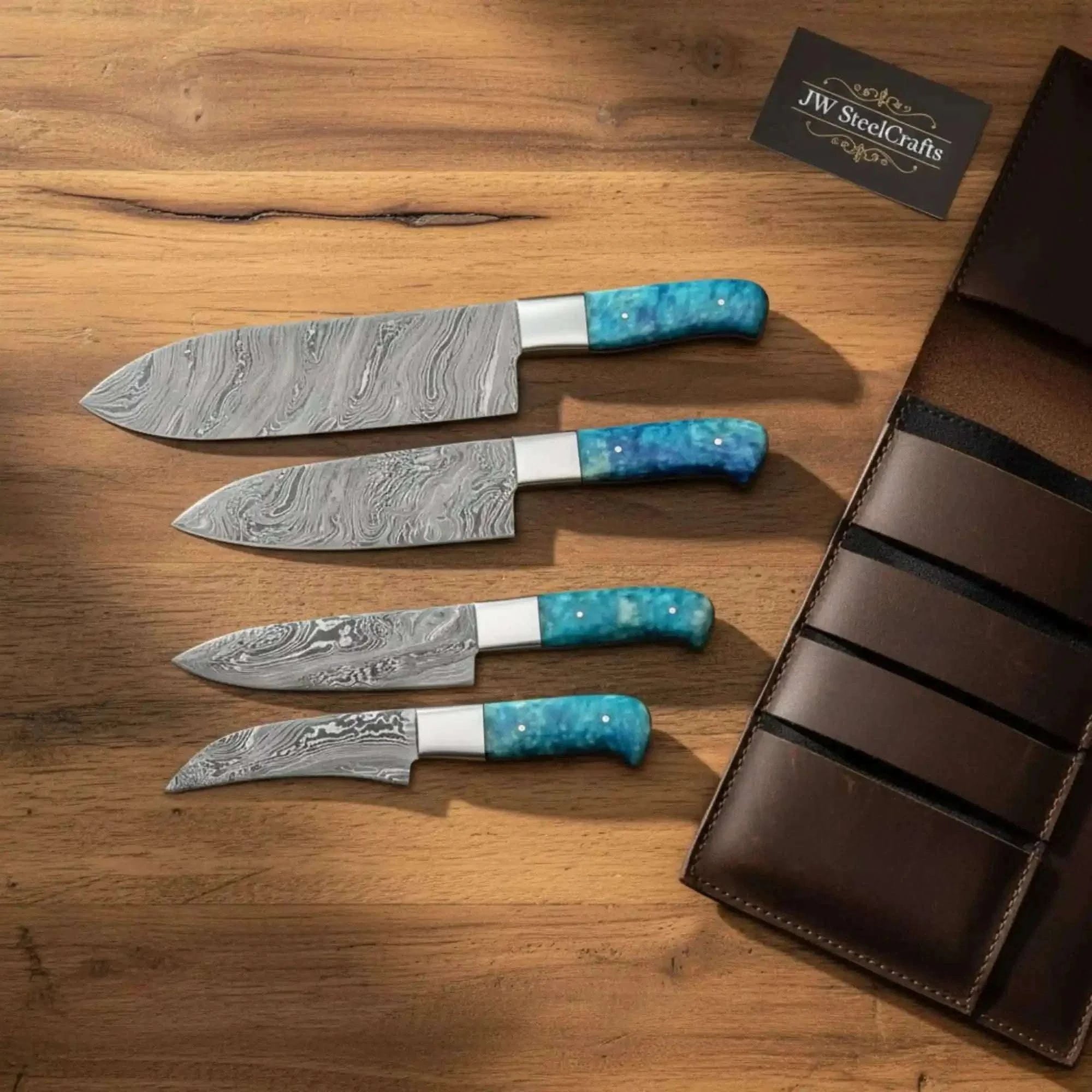 Palmarius Outdoors 4-Piece Damascus Chef Knife Set — 8" Gyuto, 6" Utility, 5" Petty & 4" Paring with Teal Blue Resin Handles & Silver Bolsters Handmade Chef Knife Sets