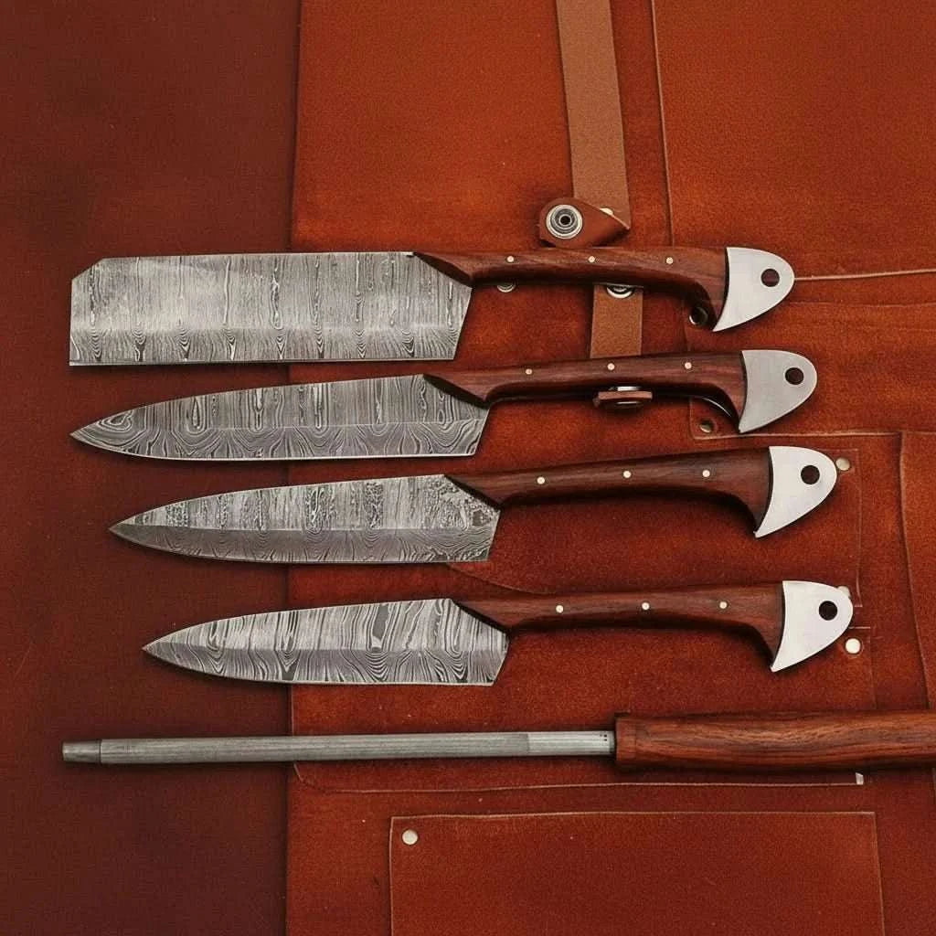 Palmarius Outdoors 4-Piece Handmade Damascus Kitchen Knife Set – Rosewood Handles, Steel Bolsters & Brass Pins | Chef, Santoku, Cleaver & Utility | Leather Roll & Honing Rod Included Handmade Chef Knife Sets