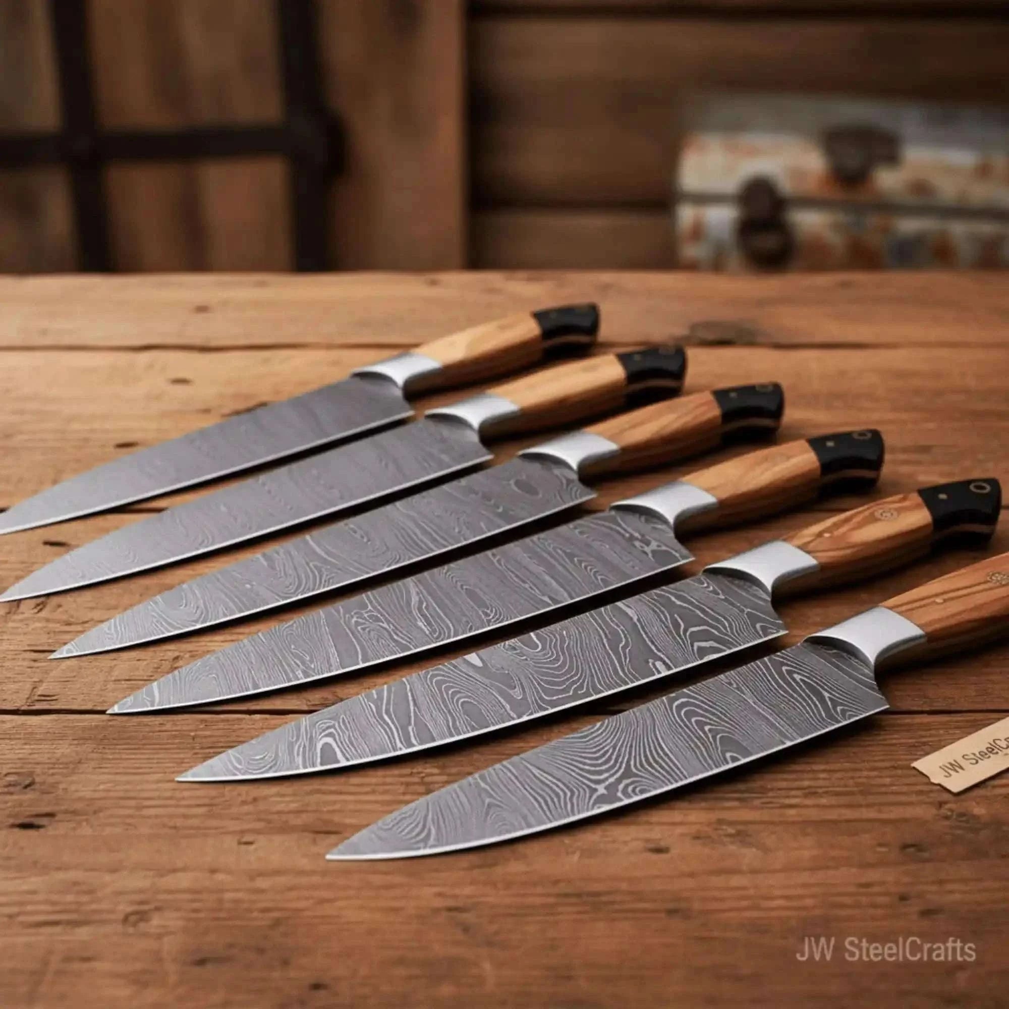 Palmarius Outdoors Handmade Damascus Knife Set, Olive Wood & Resin Handle Handmade Chef Knife Sets