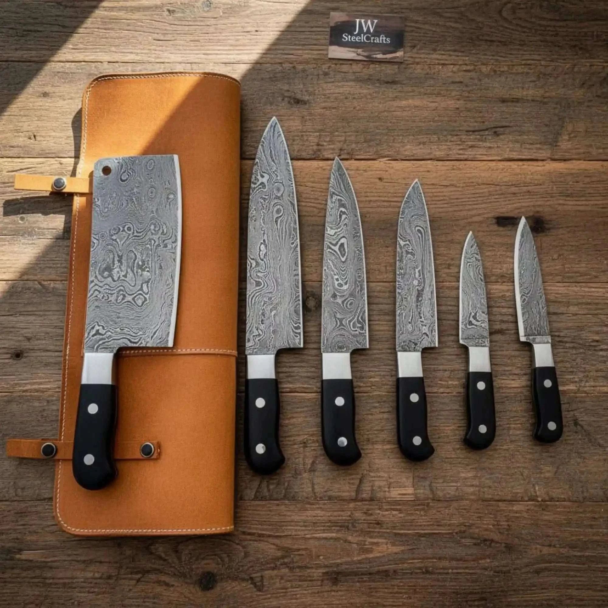 Palmarius Outdoors 6-Piece Custom Damascus Culinary Knife Set with Cleaver & Black Resin Handles Handmade Chef Knife Sets