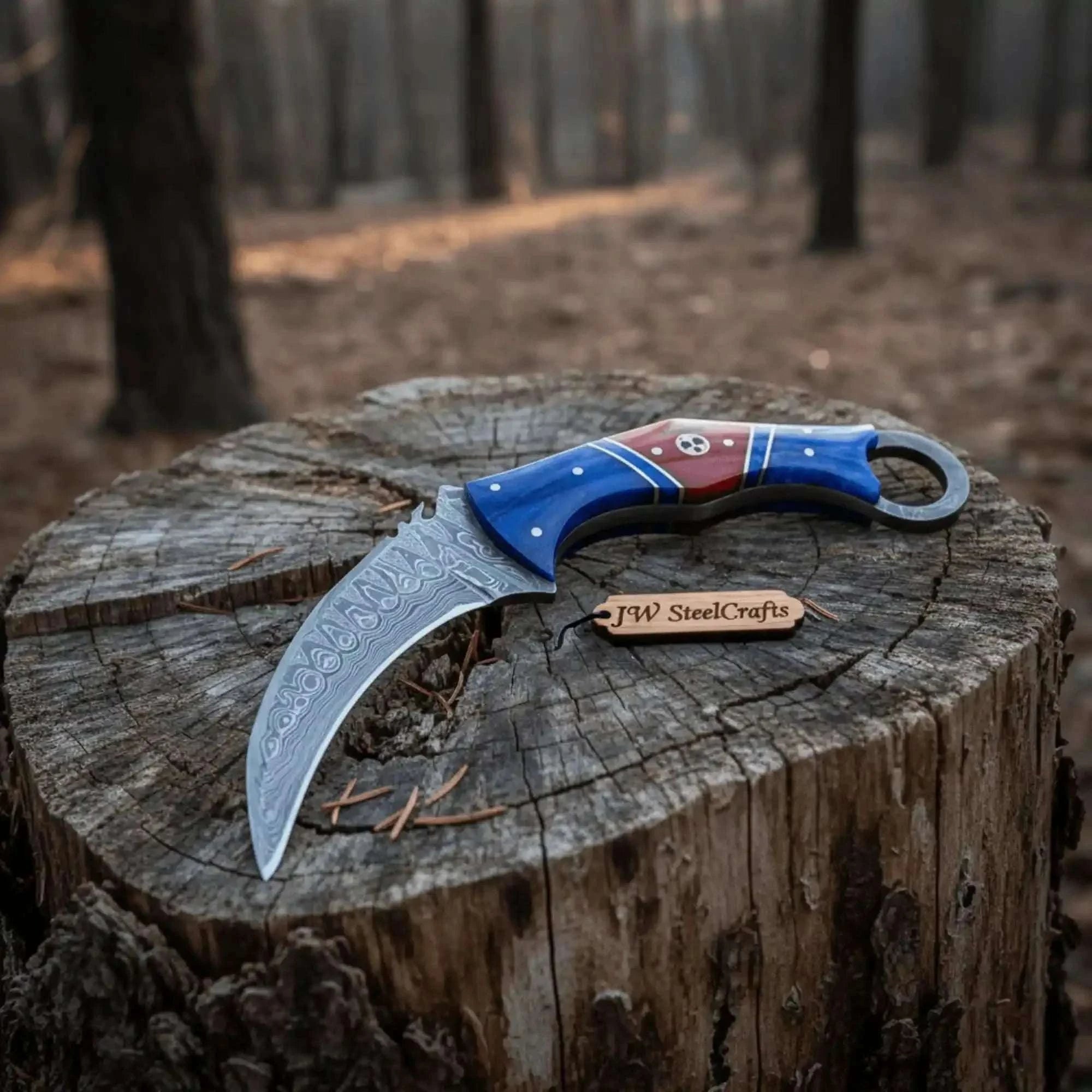 Palmarius Outdoors Damascus Karambit Knife with Blue Wood Handle, Finger Ring, and Sheath Karambit Knife