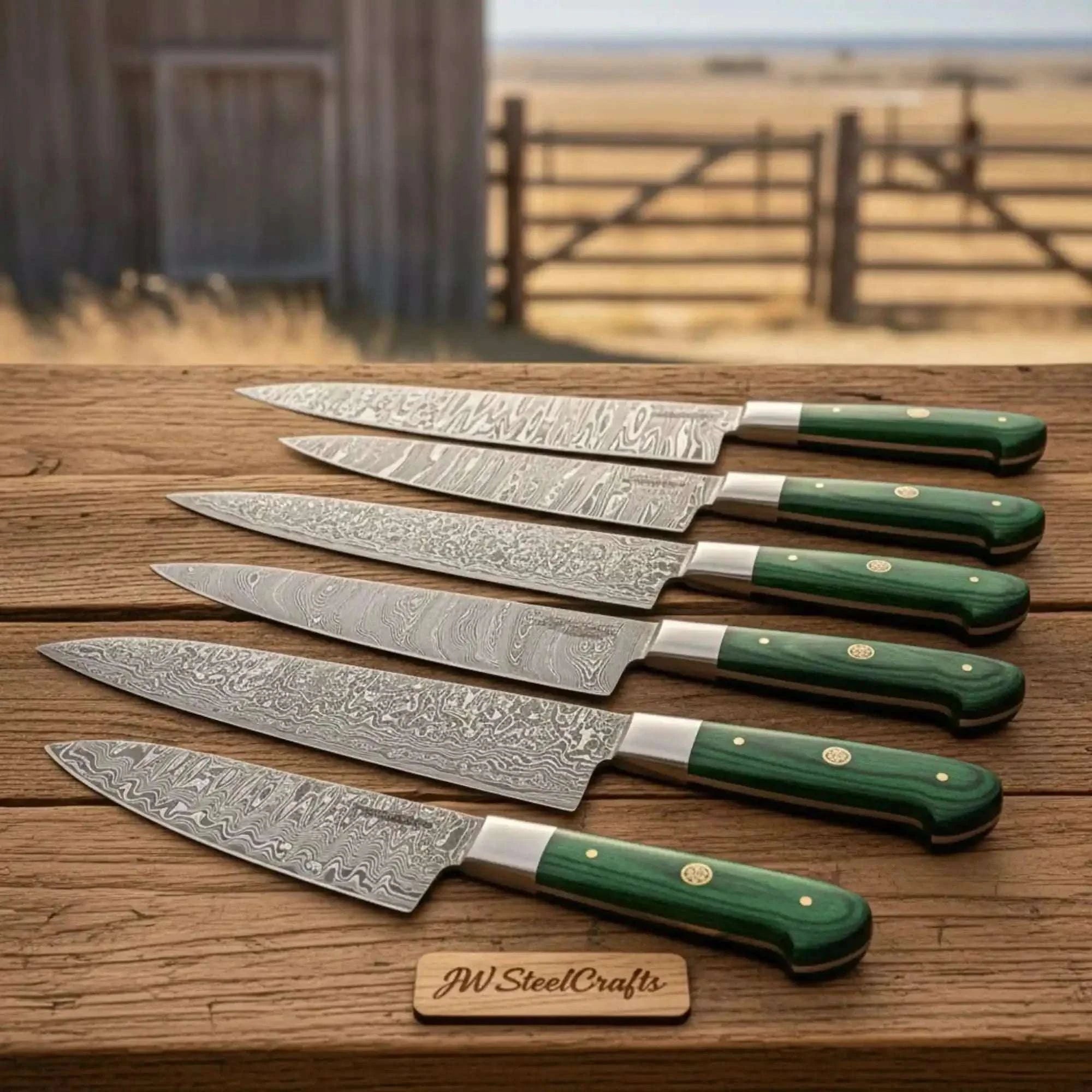 Palmarius Outdoors 6-Piece Custom Damascus Kitchen Knife Bundle — Professional Chef and Utility Set Handmade Chef Knife Sets