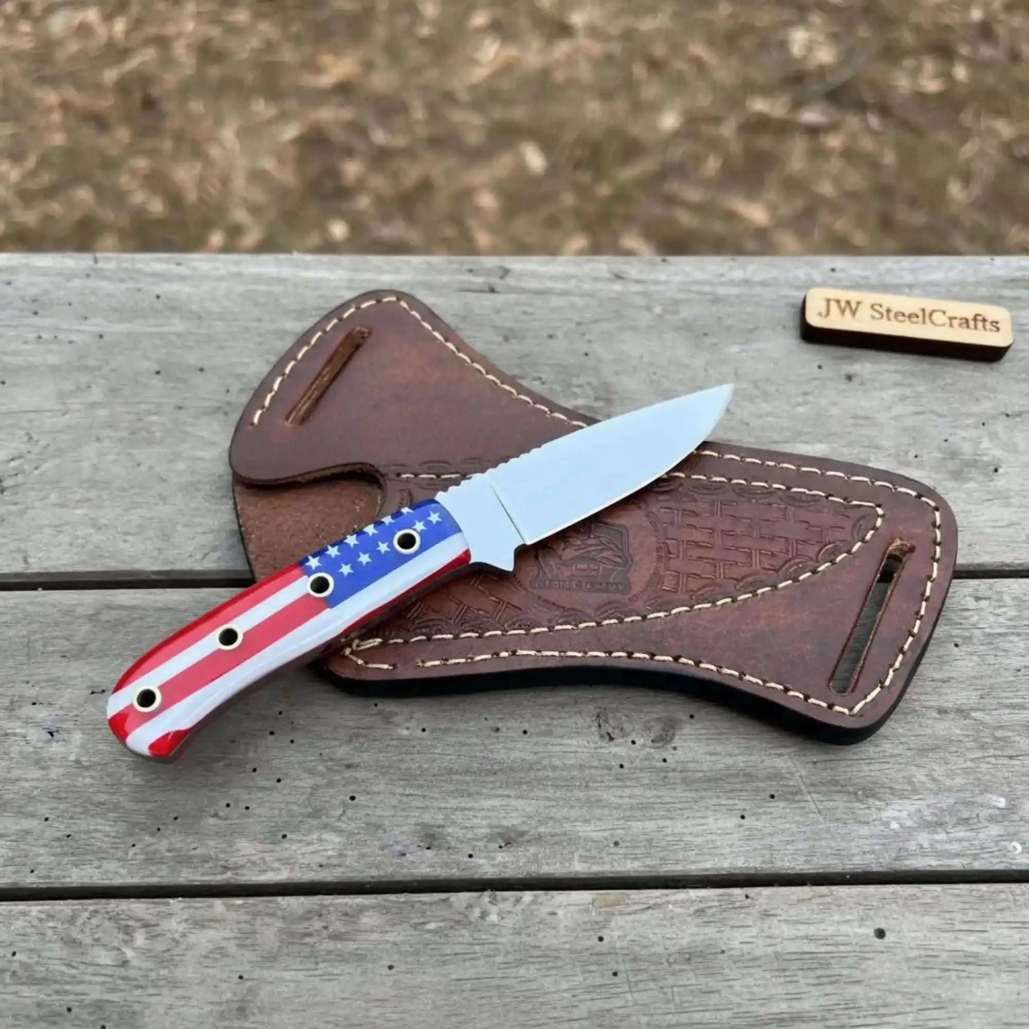Palmarius Outdoors Custom Fixed Blade Knife – Drop Point Outdoor EDC with USA Flag Handle and Leather Sheath Hunting Knife