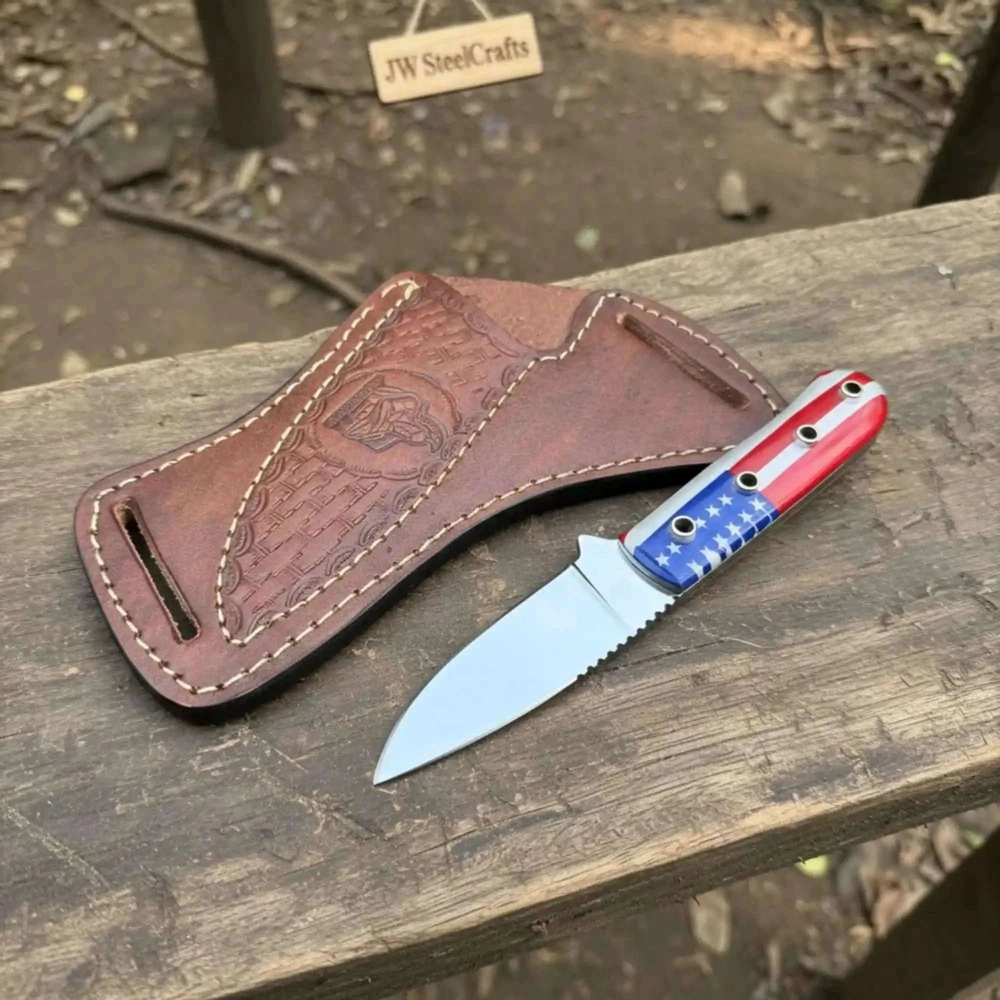Palmarius Outdoors Custom Fixed Blade Knife – Drop Point Outdoor EDC with USA Flag Handle and Leather Sheath Hunting Knife