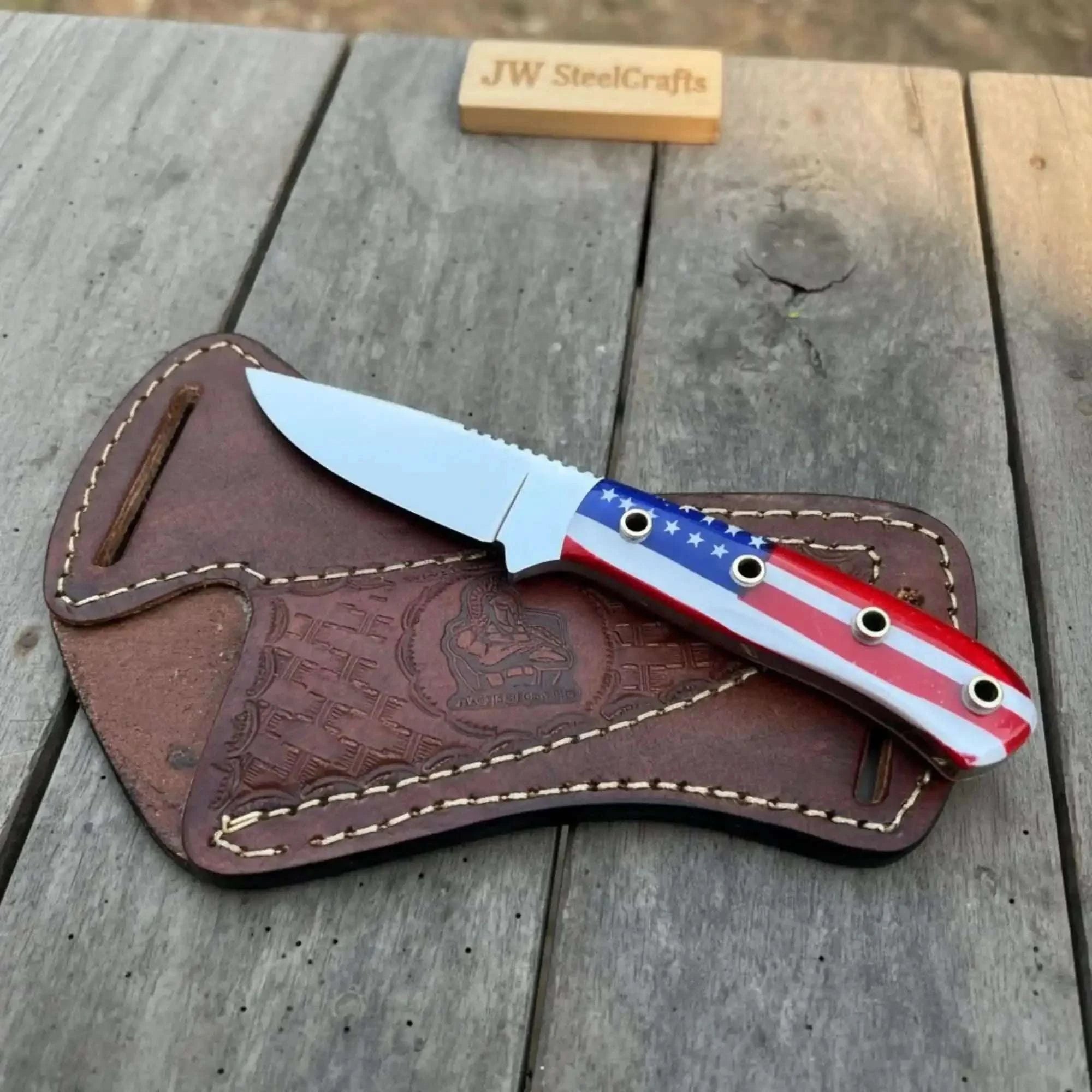 Palmarius Outdoors Custom Fixed Blade Knife – Drop Point Outdoor EDC with USA Flag Handle and Leather Sheath Hunting Knife